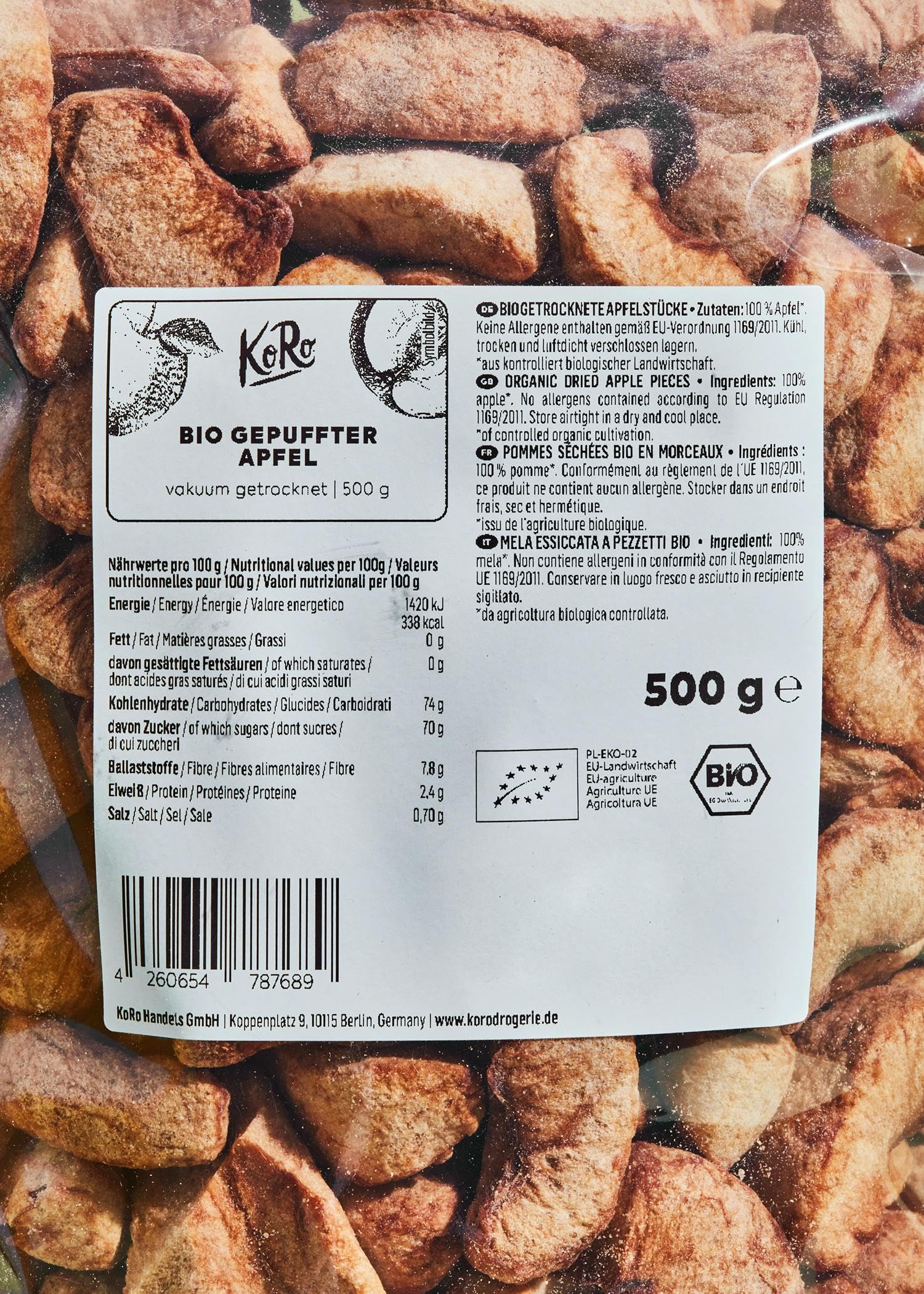 KoRo - Pomme soufflée biologique 500 g - Sans sucre ajouté - Particulièrement croquante - Aromatique-fruité - 100 % plaisir des fruits.