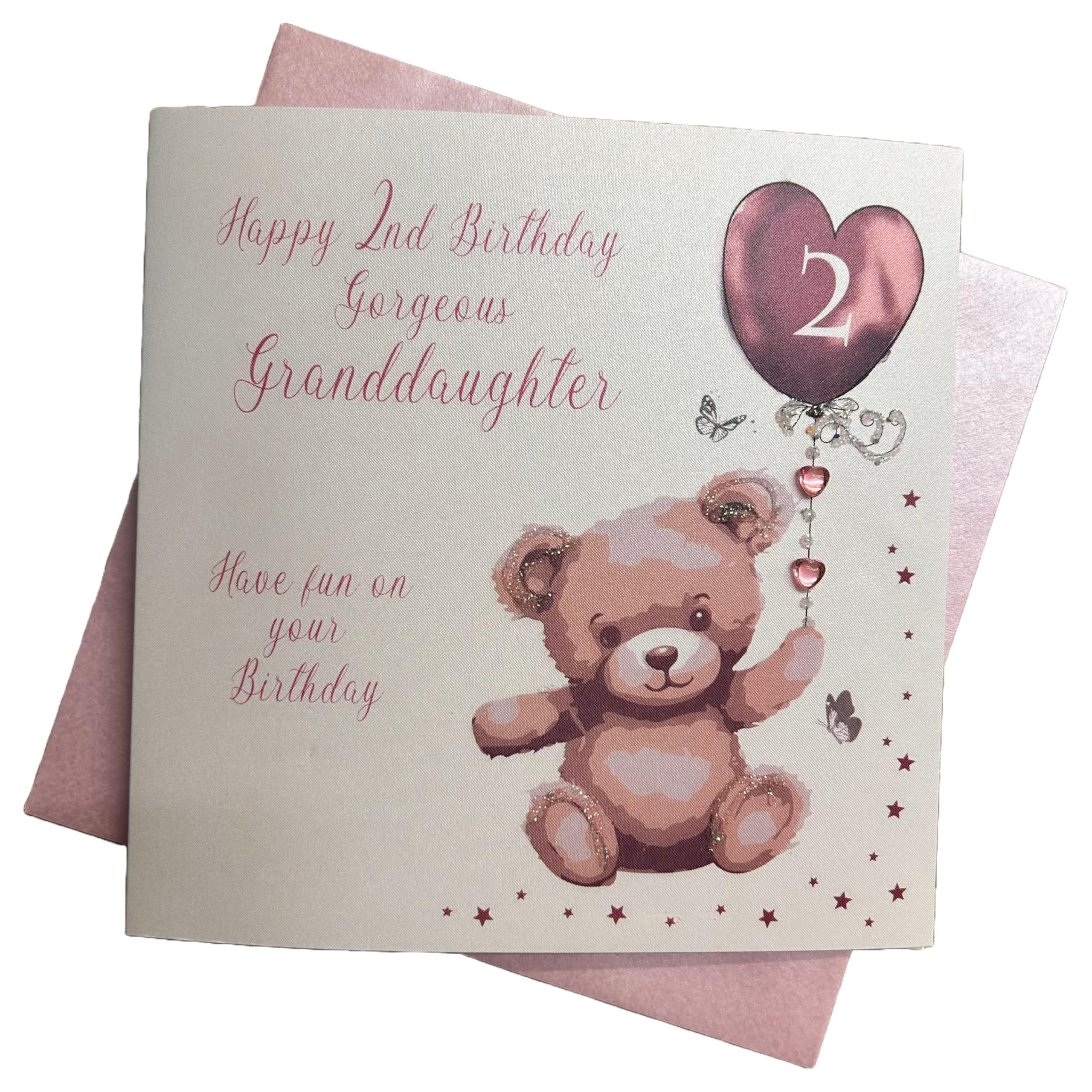 WHITE COTTON CARDS "Gorgeous Granddaughter 2, Pink Bear Handmade Age 2 Birthday Card, Ngd2