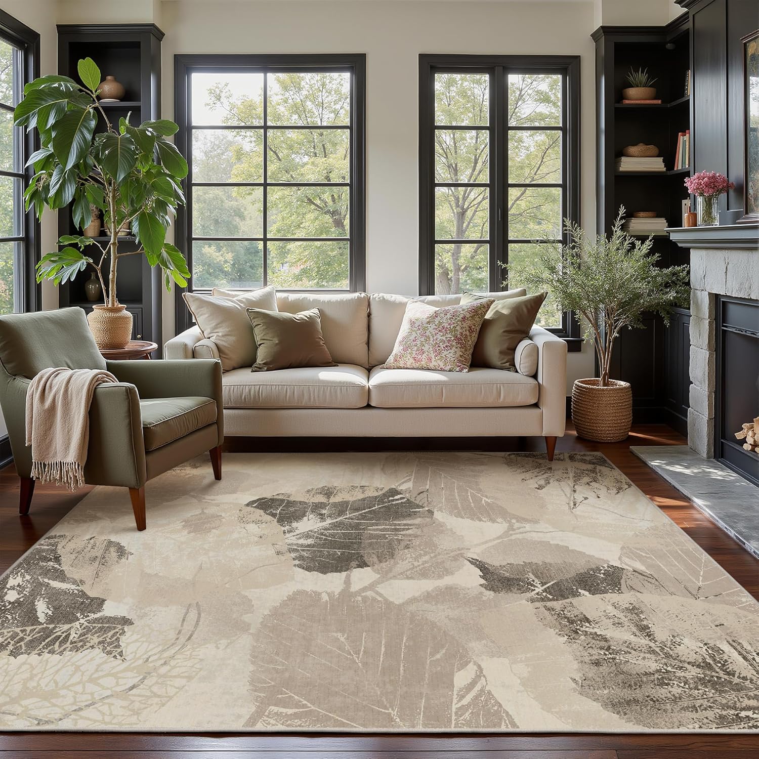 GENIMO Modern Botanical Neutral Area Rugs 6x9, Natural Leaf Pattern Indoor Living Room Rug, Ultra-Thin Washable Rug with Non Slip Backing, Print Low Pile Soft Carpet for Bedroom, Dining Room, Khaki Khaki 6' x 9' (Rectangular)