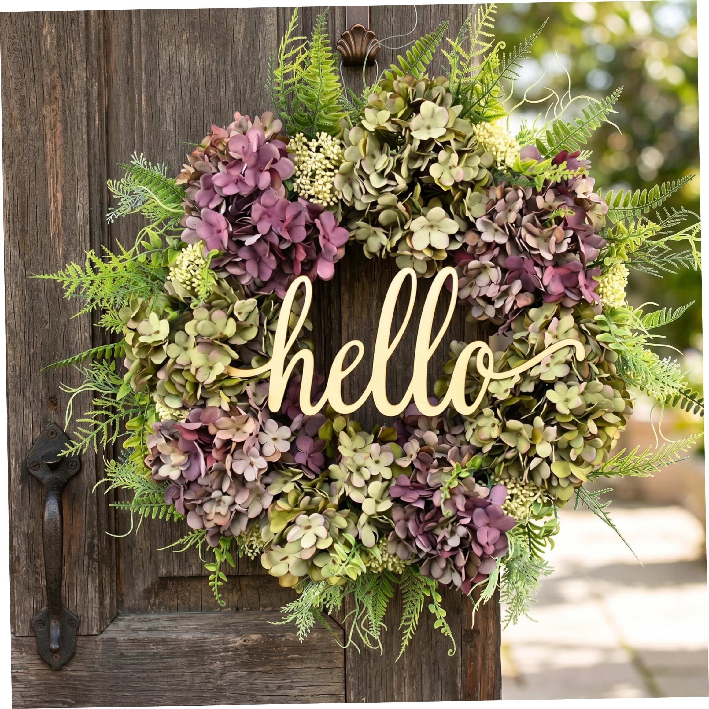 Ghirlanda di ortensie per porta d'ingresso - Ghirlande di fiori finti artificiali realistici per esterni con scritta di benvenuto viola-verde