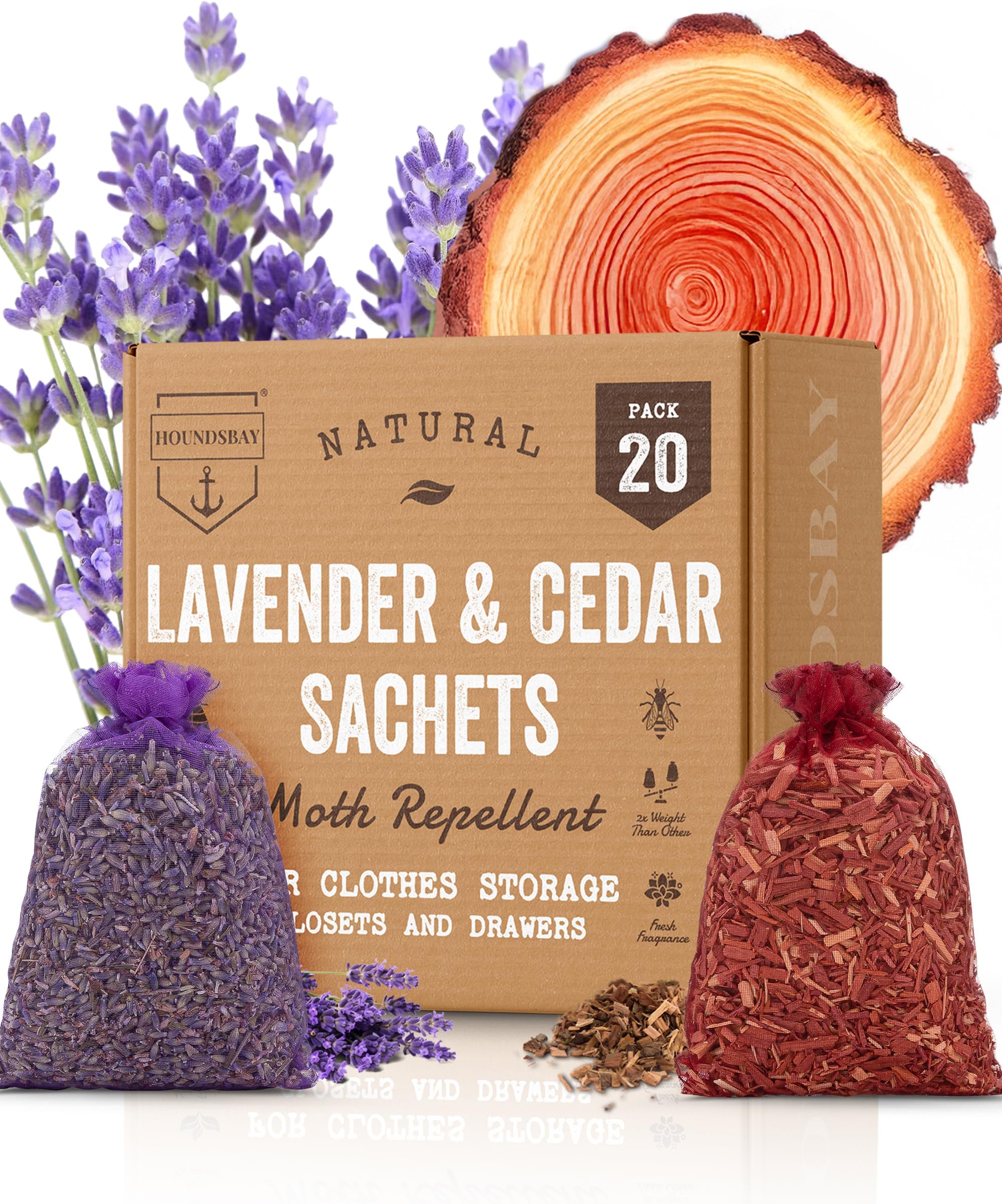 All-Natural Cedar and Lavender Sachet (20 Pack) with Hanger Hooks Included: 10 Lavender Sachets for Drawers and Closets, 10 Cedar Sachets Best Moth Repellent for Clothes