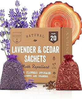 All-Natural Cedar and Lavender Sachet (20 Pack) with Hanger Hooks Included: 10 Lavender Sachets for Drawers and Closets, 10 Cedar Sachets Best Moth Repellent for Clothes