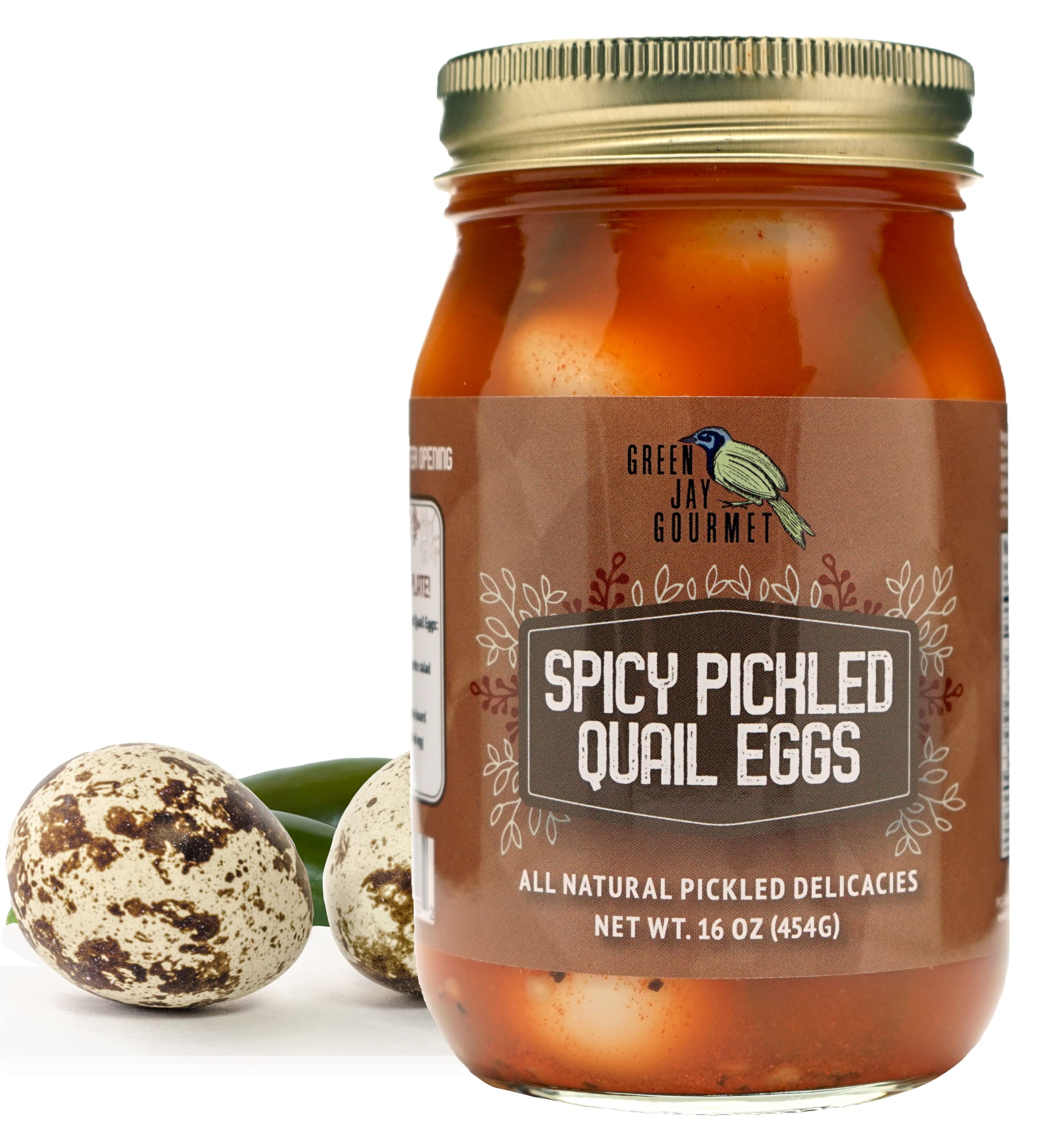 Green Jay Gourmet Spicy Pickled Quail Eggs in a Jar – Fresh Hand Jarred for Cooking & Pantry – Full Spicy Flavor - Simple Natural Ingredients - 16 Ounce Jar