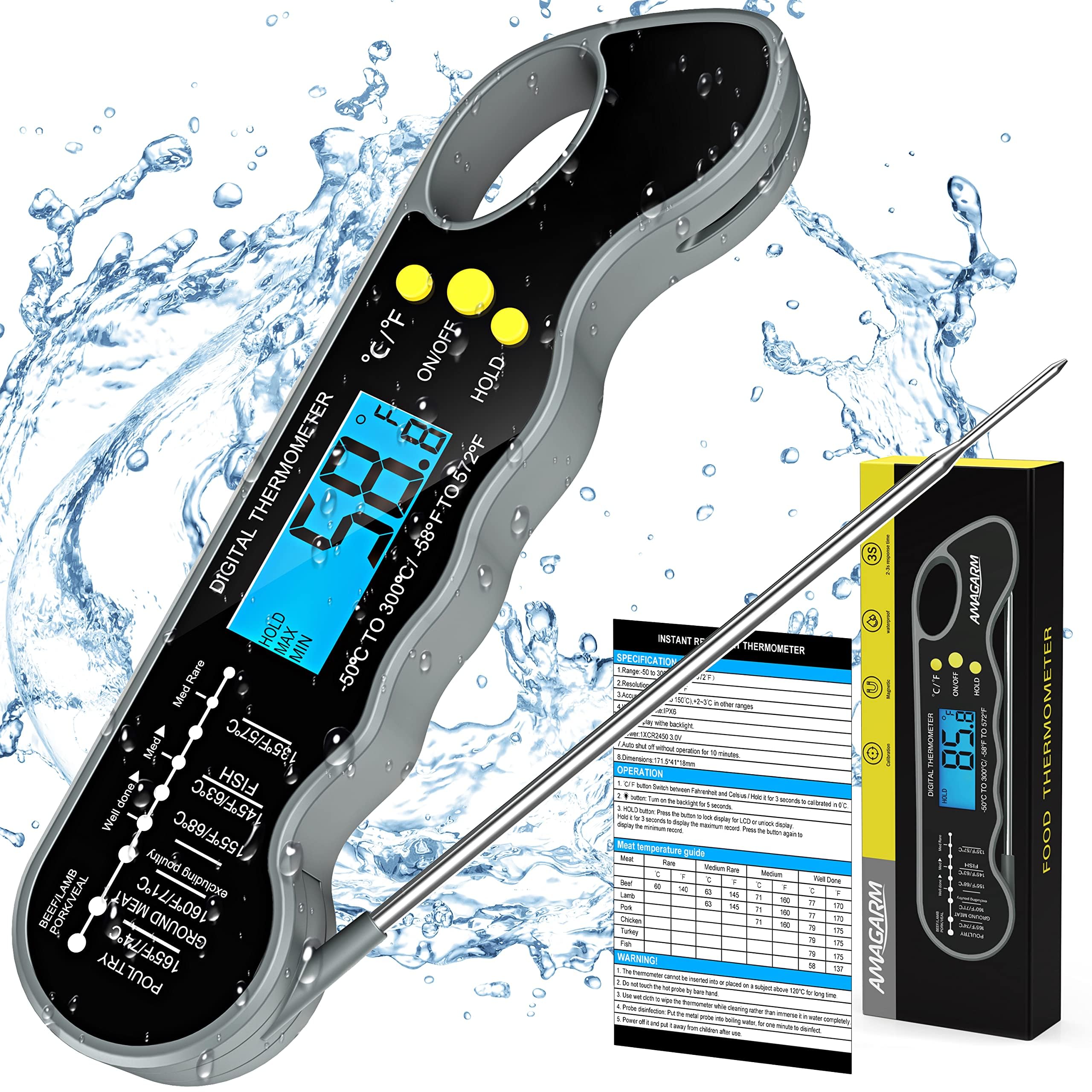 Instant Read Meat Thermometer, Ultra Fast Precise Waterproof Digital Food Thermometer with Backlight, Magnet and Foldable Probe for Kitchen Cooking, Deep Fry, Grill
