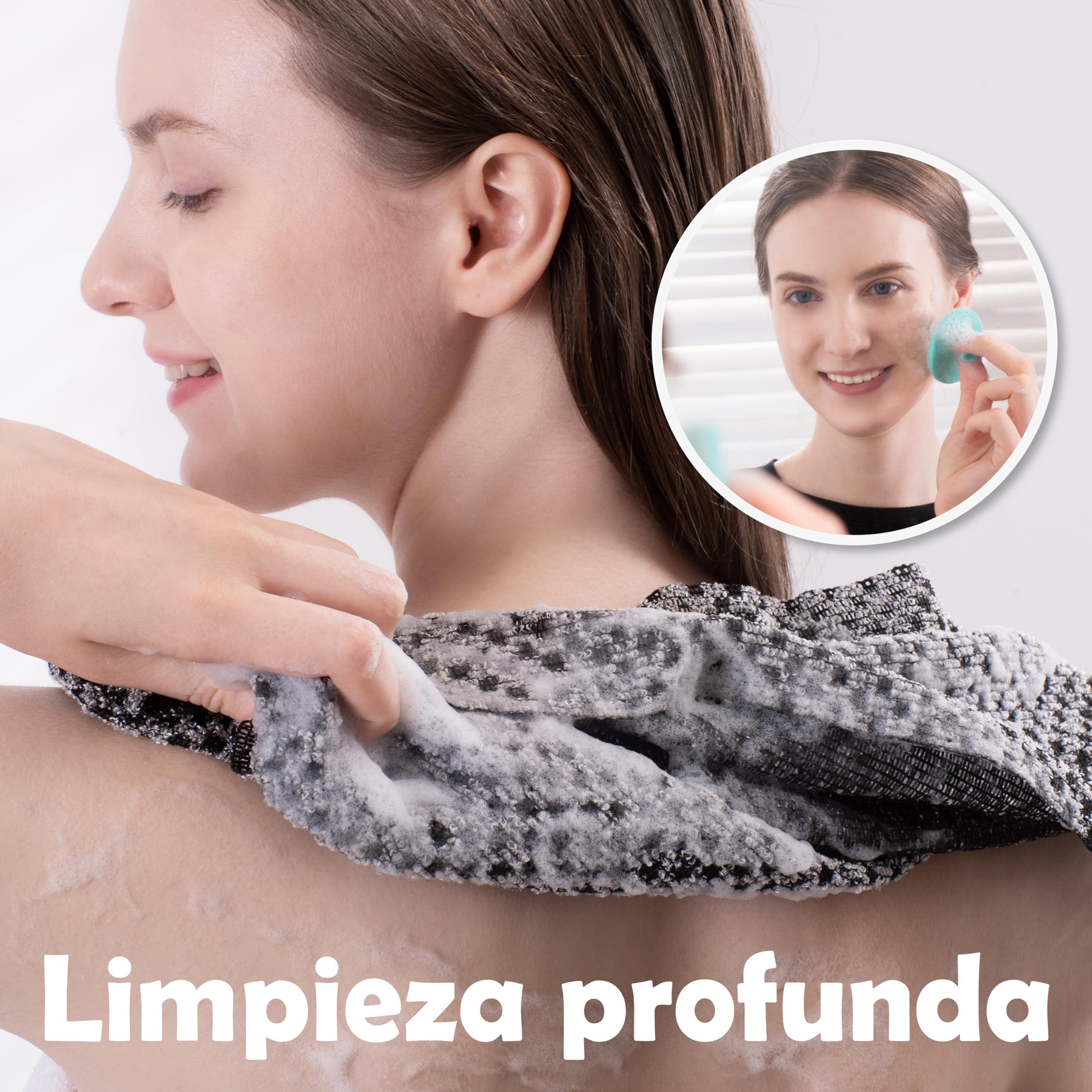 myHomeBody ToallitaExfoliante Extra Larga | Exfoliante CorporalToallaexfoliante, toallajaponesa |3D Textura Obsidian and Raisin Dots, juego de 2 con cepillo facial extra