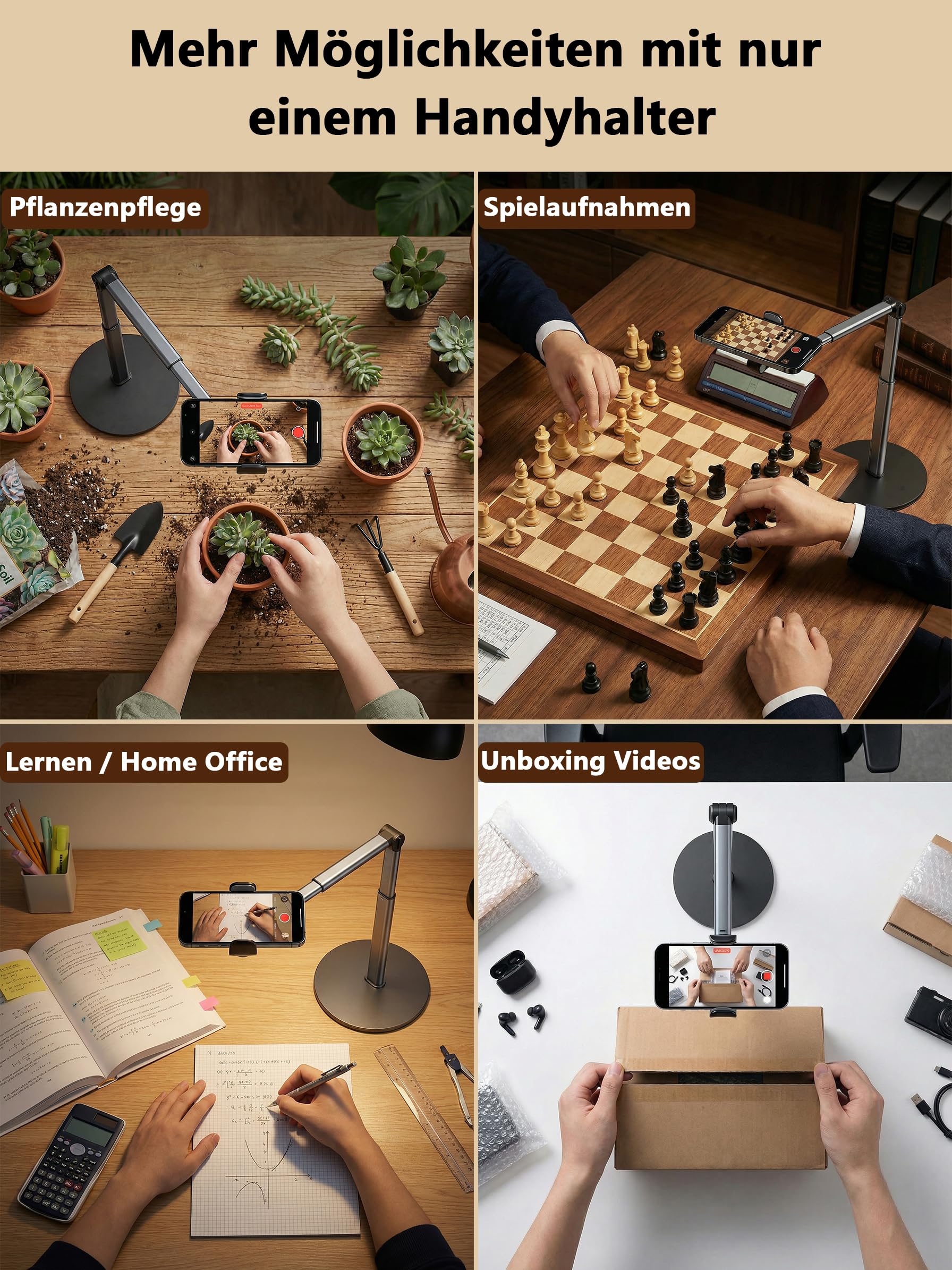 Overhead Stativ Handy mit Teleskoparm, Schweres Aluminium Tischstativ für Smartphone (28-81 cm Höhenverstellbar), 360° Drehbarer Handyhalter Tisch für Videoaufnahmen, Live-Streaming, Kochen & Zeichnen