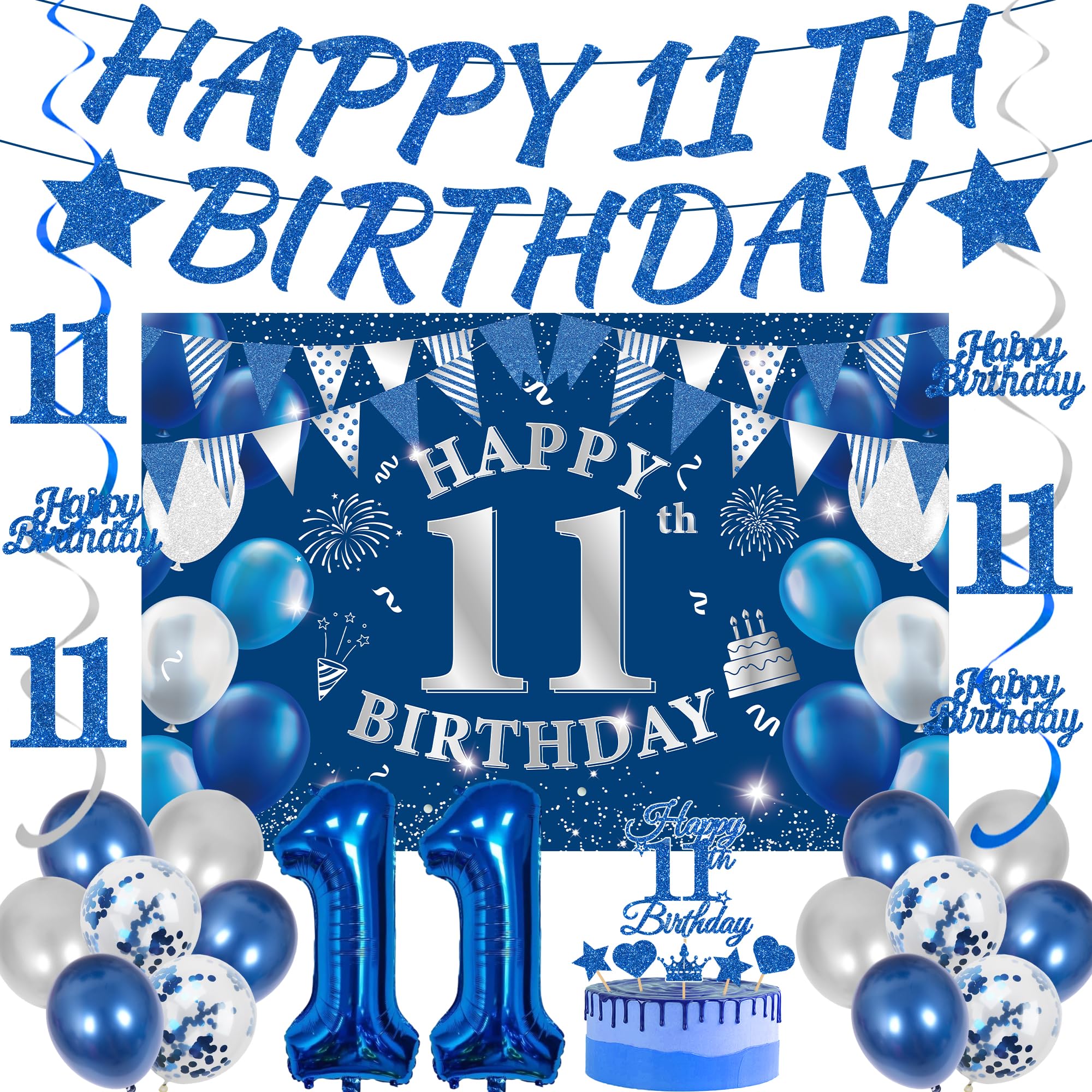 11th Birthday Decorations Boys Set - 31 Pcs Blue Silver Party Supplies with Happy 11th Birthday Banner Cake Topper number 11 Foil Balloon Latex Balloons and Backdrop for 11 Year Old Party Decor