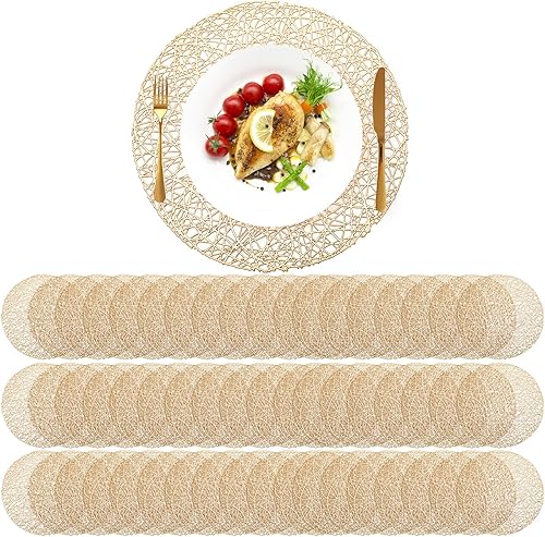Miniatura 1 de Sieral Paquete de 60 manteles individuales redondos dorados de 15 pulgadas, de vinilo prensado, resistentes al calor, manteles individuales dorados