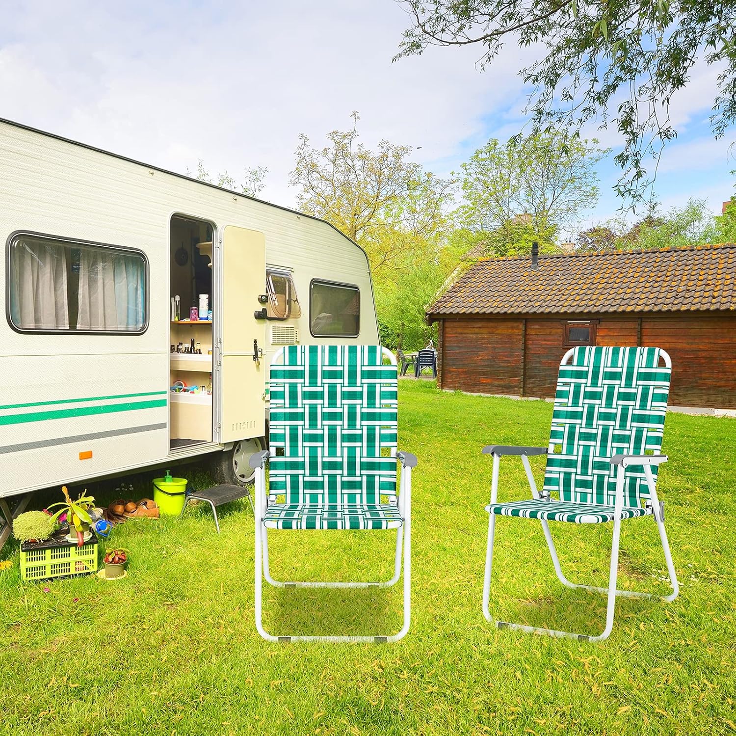 Patio Folding Web Chair Set,2 Pack Webbed Folding Chair Portable Lightweight Outdoor Folding Beach Chairs for Patio, Garden, Bay, Yard, Lawn.