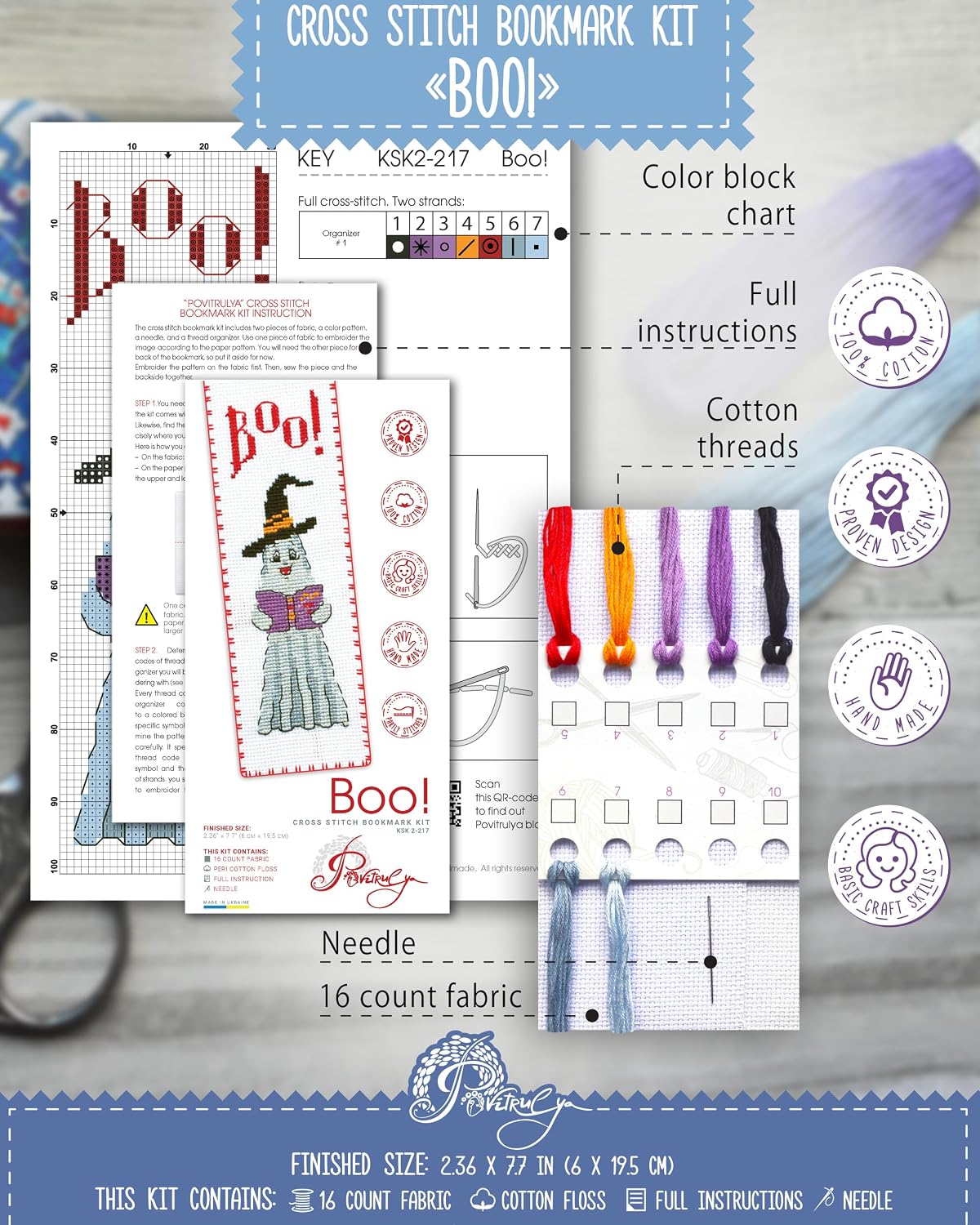 Povitrulya Boo! Halloween Counted Cross Stitch Bookmark Kit - DIY Embroidery Set for Adults image 3