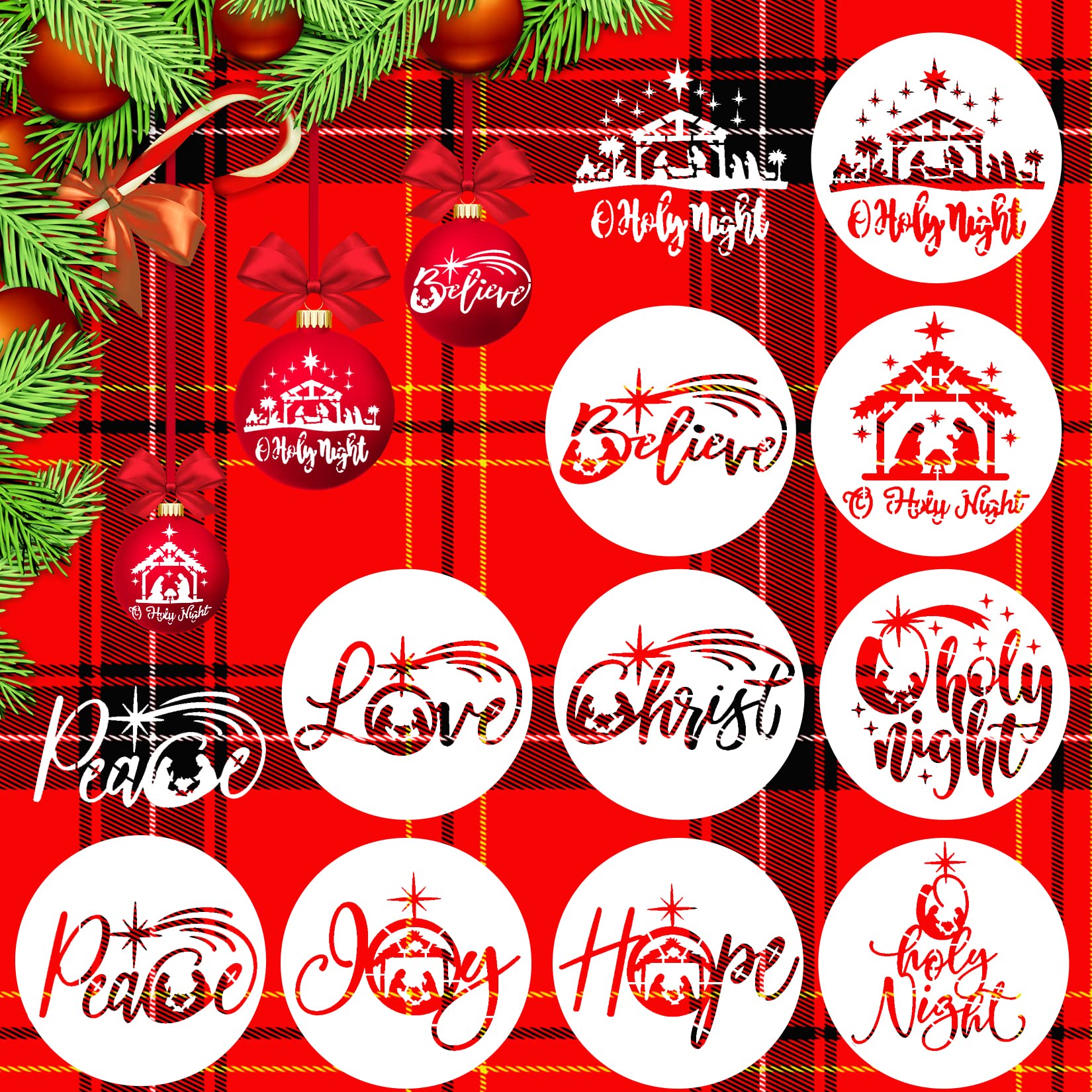 10 Pcs Small Christmas Stencils for Painting on Wood 4 Inch Round Reusable Mini Christmas Cookie Ornament Stencils for DIY Craft Wall Glass Cards Scrapbook Journal Cookie (Holy Night)