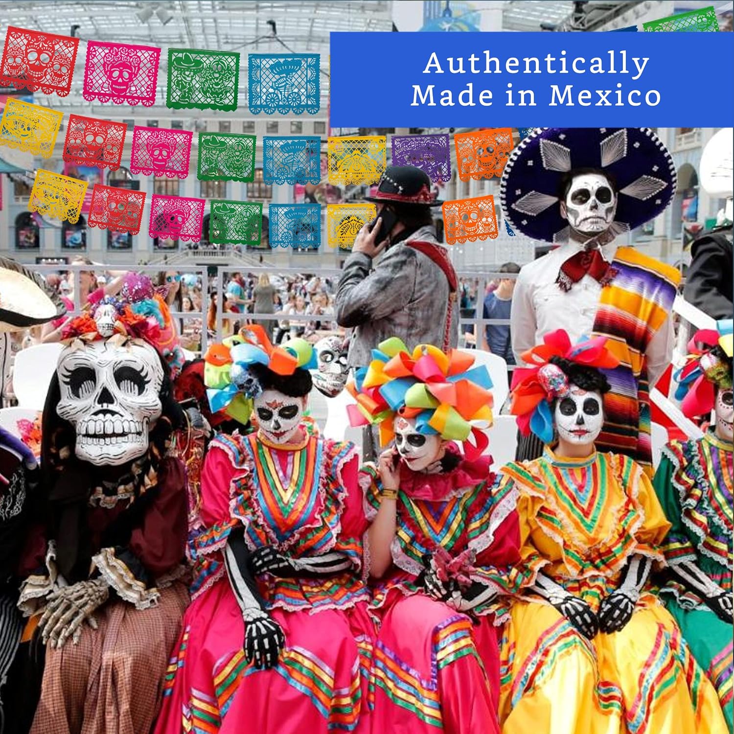 Mexican Party Banners (5 Pack - 10 Plastic Flag Designs per Banner) - Papel Picado Dia de los Muertos Decorations for Altar - Day of the Dead Banners - Mexican Themed Party Decorations - Fiesta Party Decorations - Mexican Banners