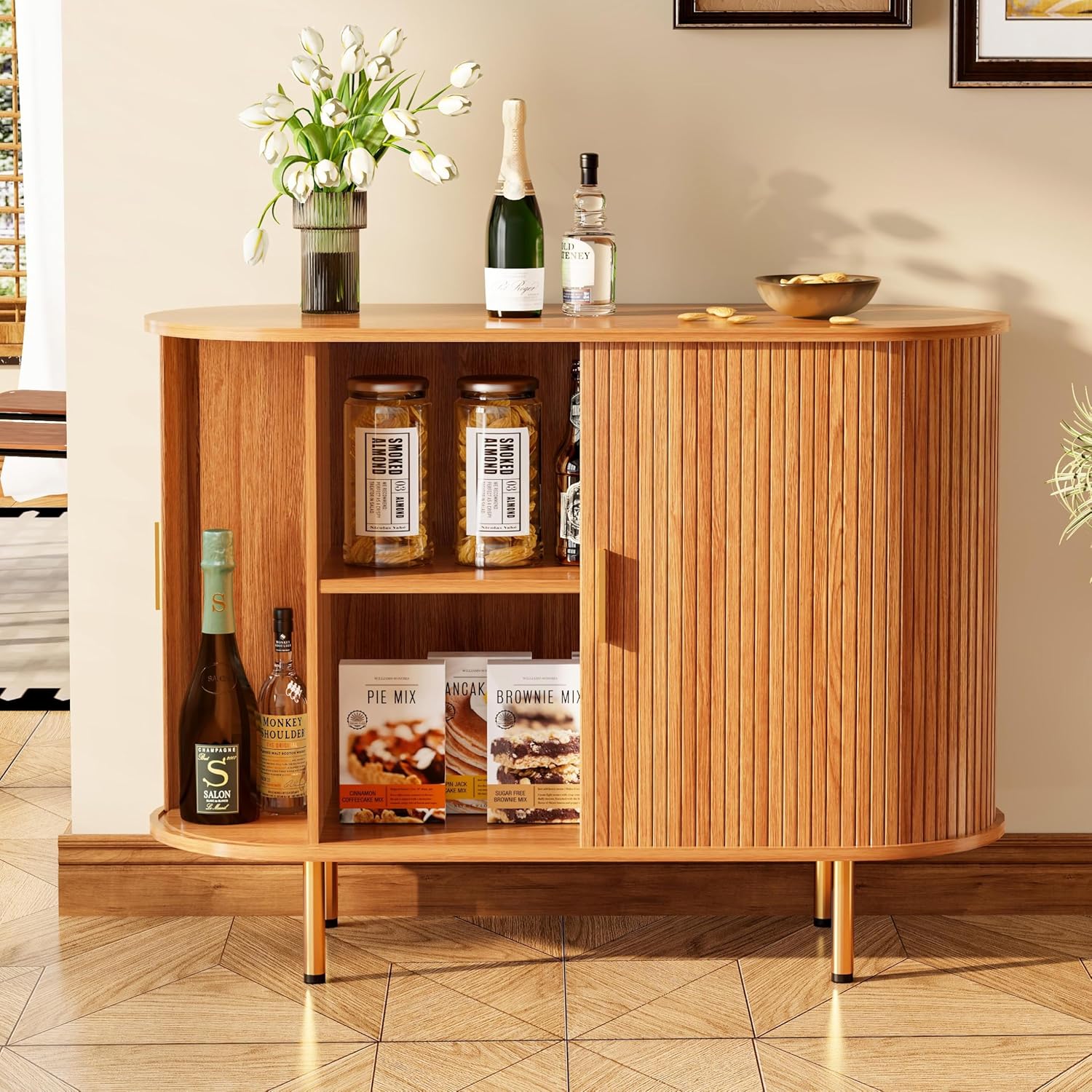 Sideboard Buffet Cabinet with Storage: 2PCS 40" Mid Century Modern Fluted Credenza Coffee Bar Console Table with Sliding Door & Adjustable Shelf for Kitchen, Living Room, Entryway