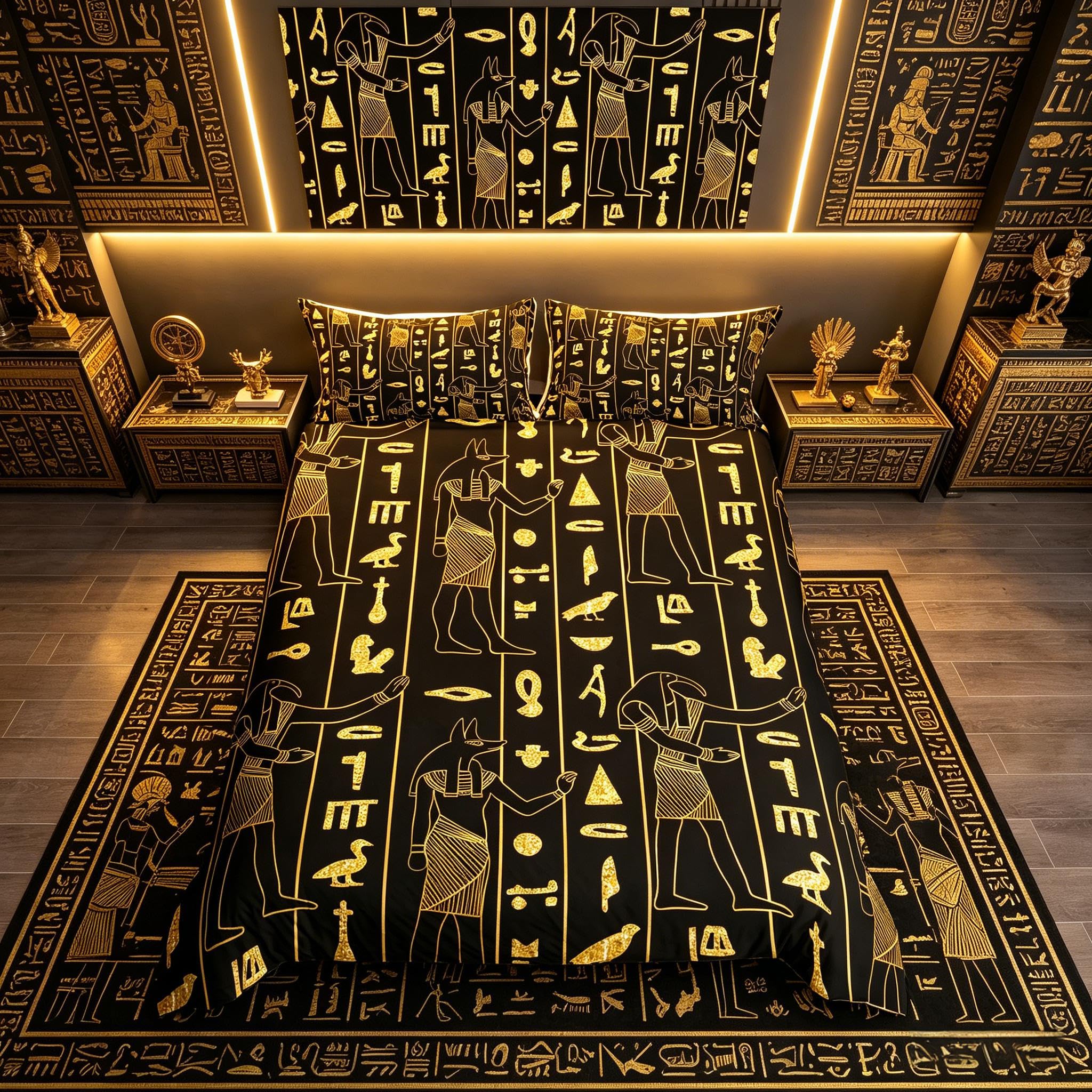 Loussiesd Boys Gold Egypt Duvet Cover Set Ancient Egyptian Script Comforter Cover Set For Kids Teens Pharaoh Pyramid Bedding Set Tribal Culture Quilt Cover Bedroom Collection 3Pcs Double