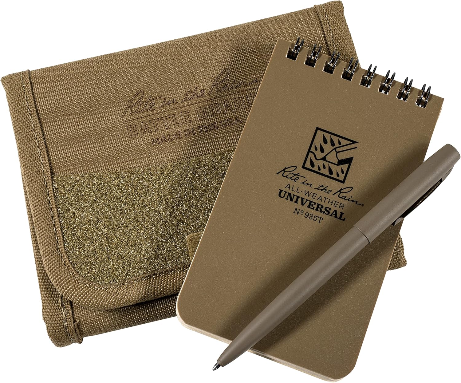 Rite in the Rain Weatherproof Tri-Fold Kit, 3” x 5” Tan Notebook, All-Weather Metal Pen, Tan CORDURA® fabric Cover (No. BB935T-KITL) (3" x 5")