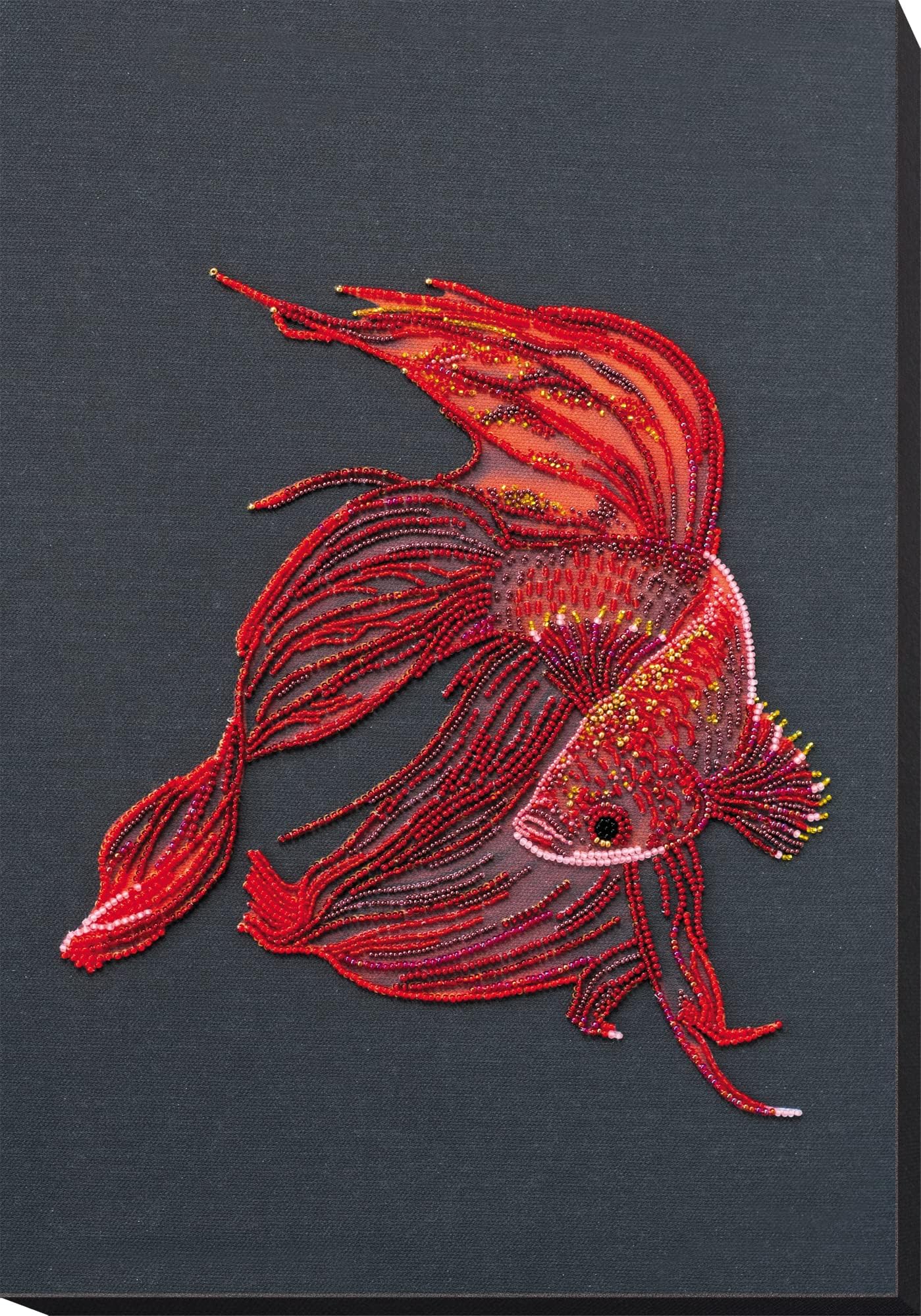 Abris Art Bead Embroidery Kit Red Gold. DIY Beadwork Craft Kit for Beginners. Hand Made Beading kit from, Ukraine. Stylish Needlework Set, Needlepoint Pattern Fantasy Fish Sampler Decor Wall Art