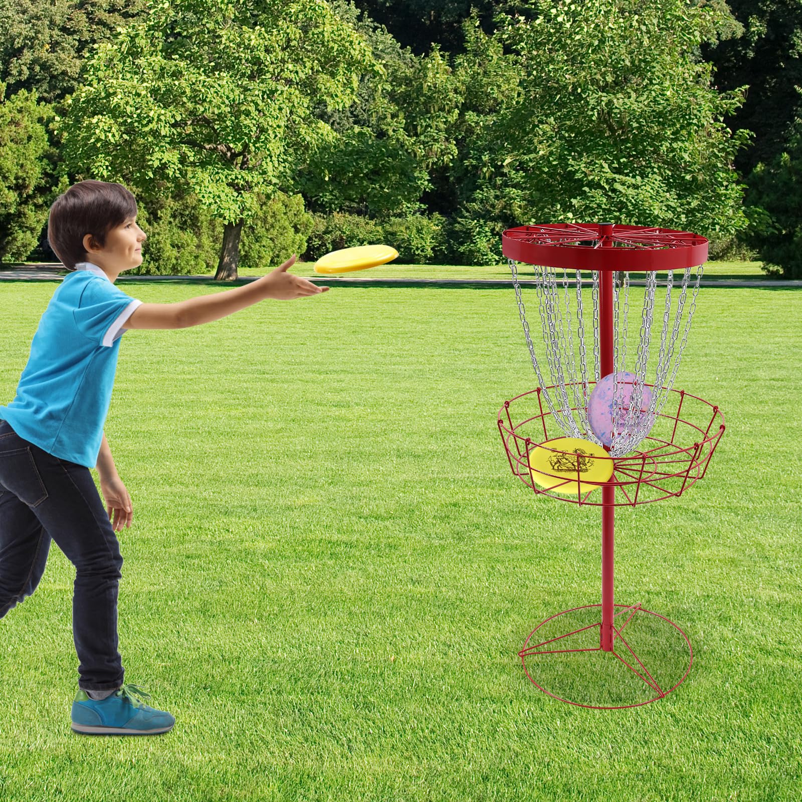 Disc Golf - Cesta de golf independiente con 24 cadenas, disco portátil, objetivo para ejercicio al aire libre, 64,5 cm de diámetro, con 4 clavos de suelo, adecuado para principiantes y