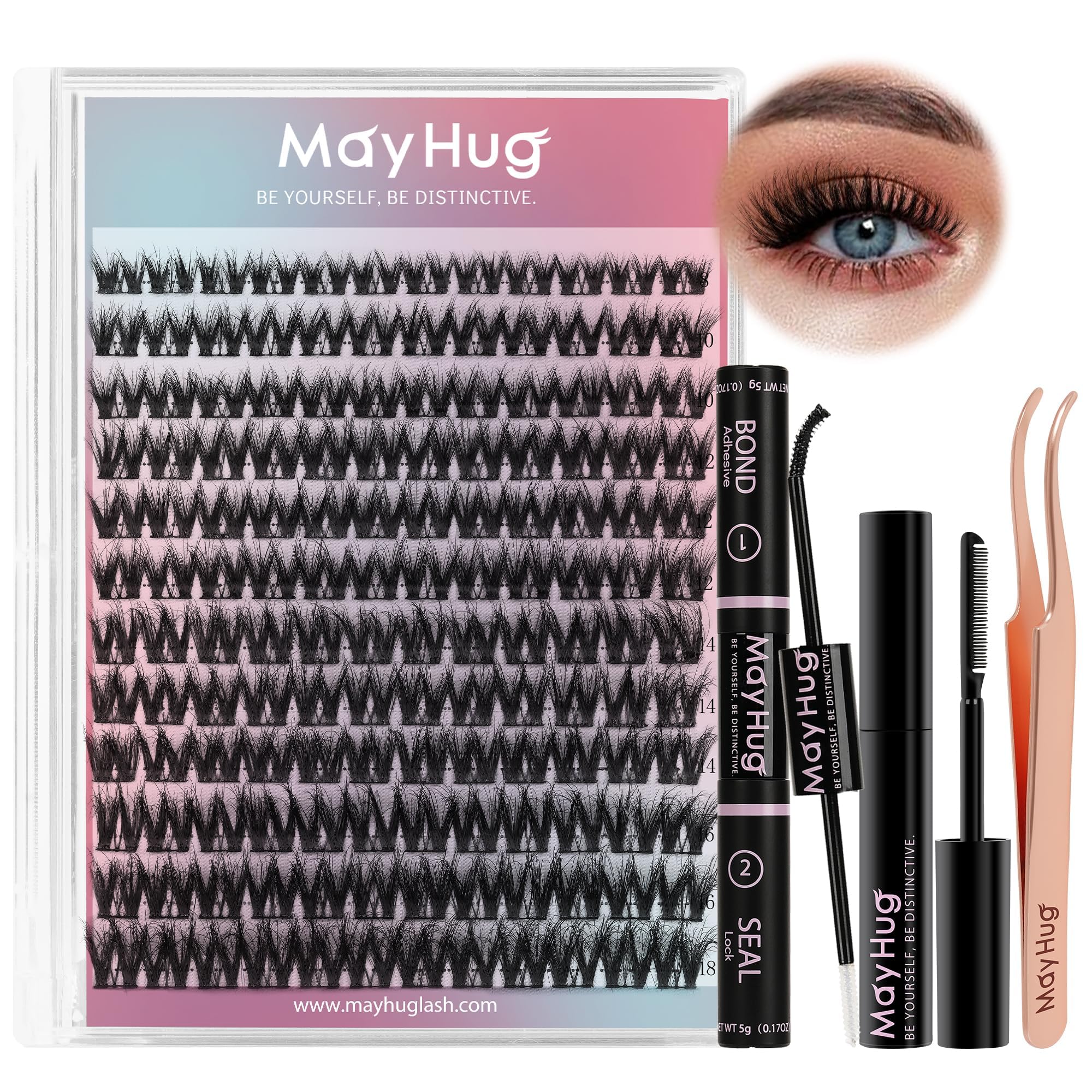 Mayhug Lash Clusters Kit,Lash Extension Kits 144Pcs,3D Lashes Clusters,8-18mm Cluster Lashes Kit D Curl with Bond and Seal Waterproof,Eyelash Remover,Tweezer for Beginner(Prism|set)