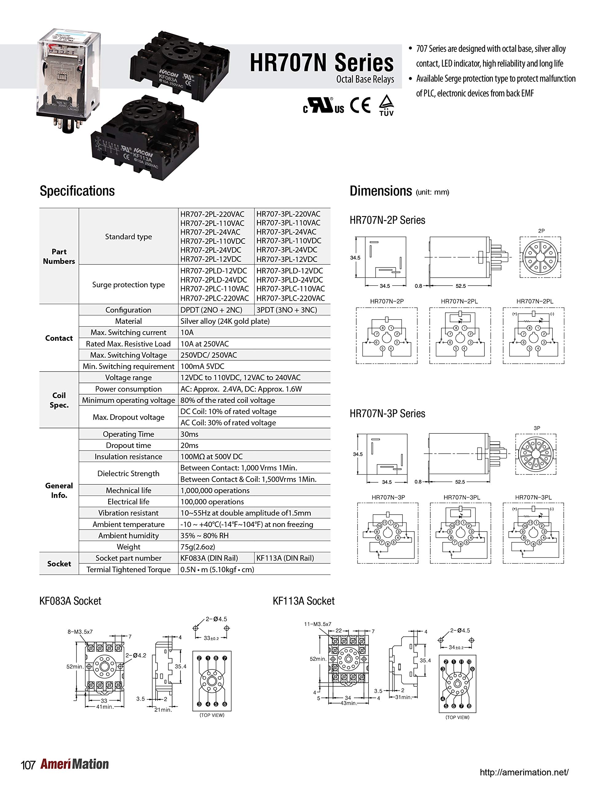 HR707N-2PL-110VAC, Electro Mechanical Relay, Octal Base Type, 10A DPDT, 110VAC Coil Input, LED Indicator (Socket req'd)
