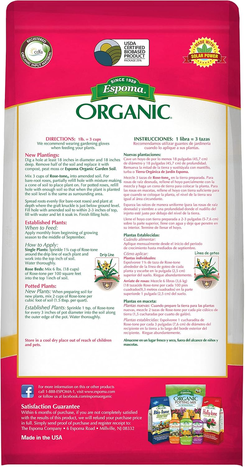 Espoma Organic Rose-Tone 4-3-2 Organic Fertilizer for All Types of Roses and Other Flowering Plants. Promotes Vigorous Green Growth and Abundant Blooms. 4 lb. Bag - Pack of 2