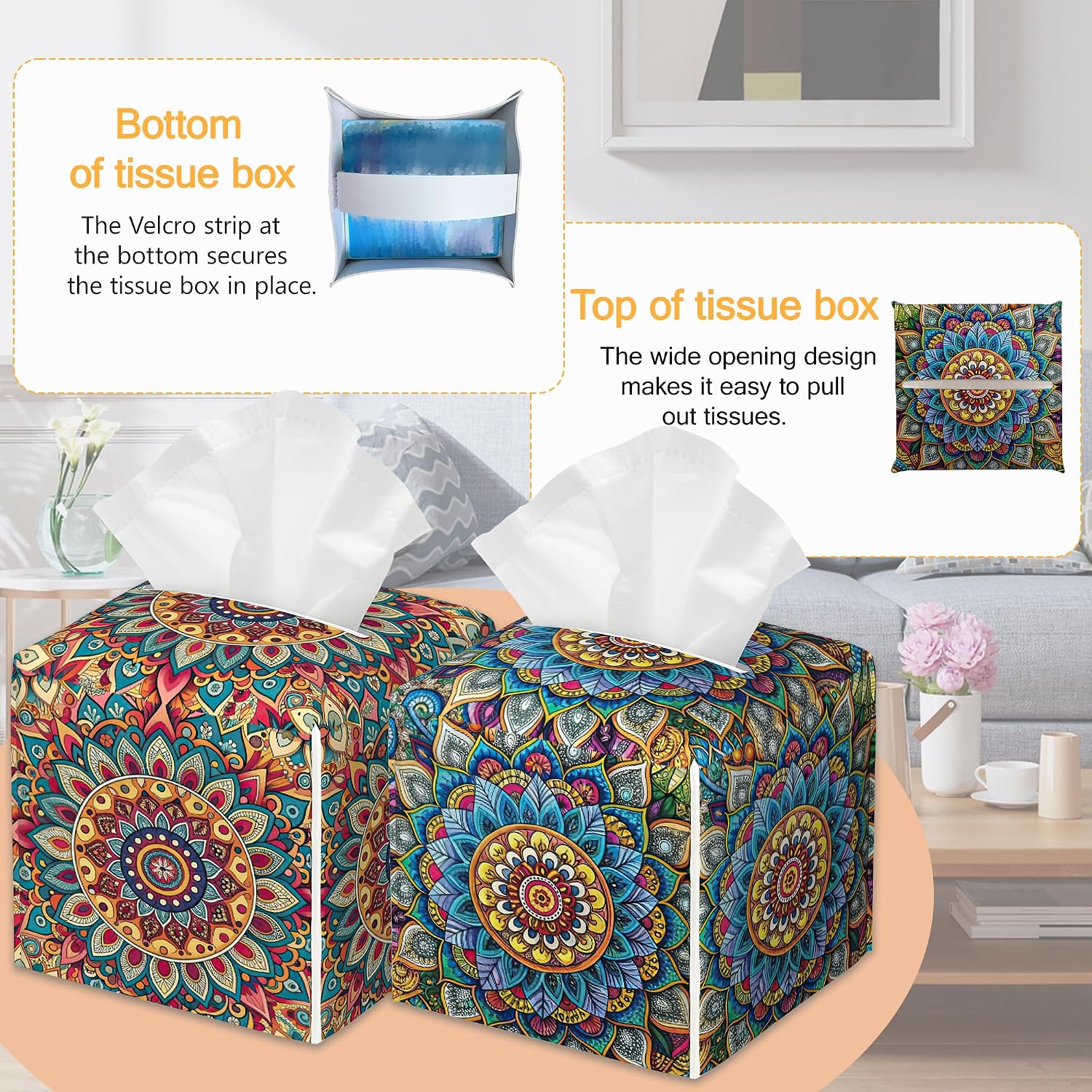 2 Pcs Tissue Box Cover Square Leather Tissue Case Holder Facial Paper Organizer Decorative for Bathroom Kitchen Car Office Home Decor (Ethnic Mandala Floral)