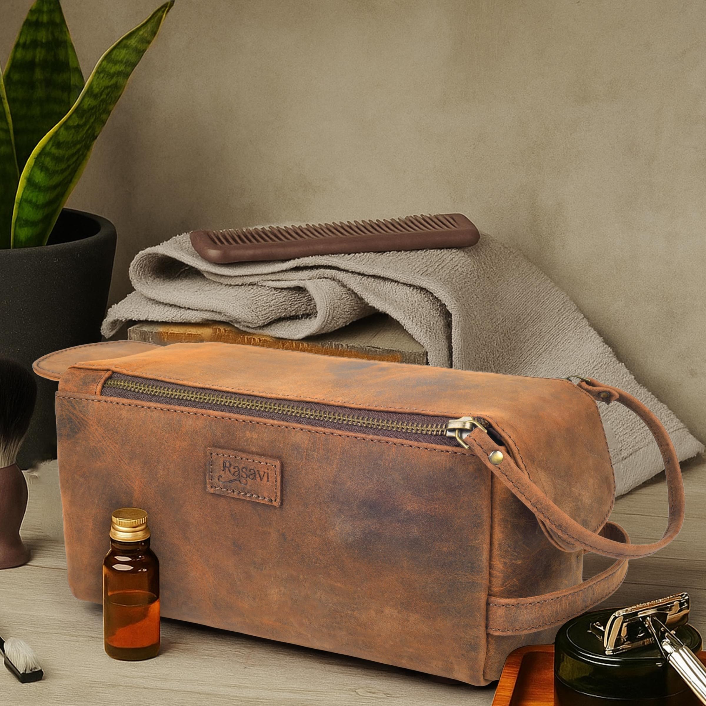 Rasavi Reise-Kulturbeutel aus echtem Leder für Damen und Herren, handgefertigt, Vintage-Stil, wasserabweisend, für Rasur und Badezimmer, Used-Look, Braun