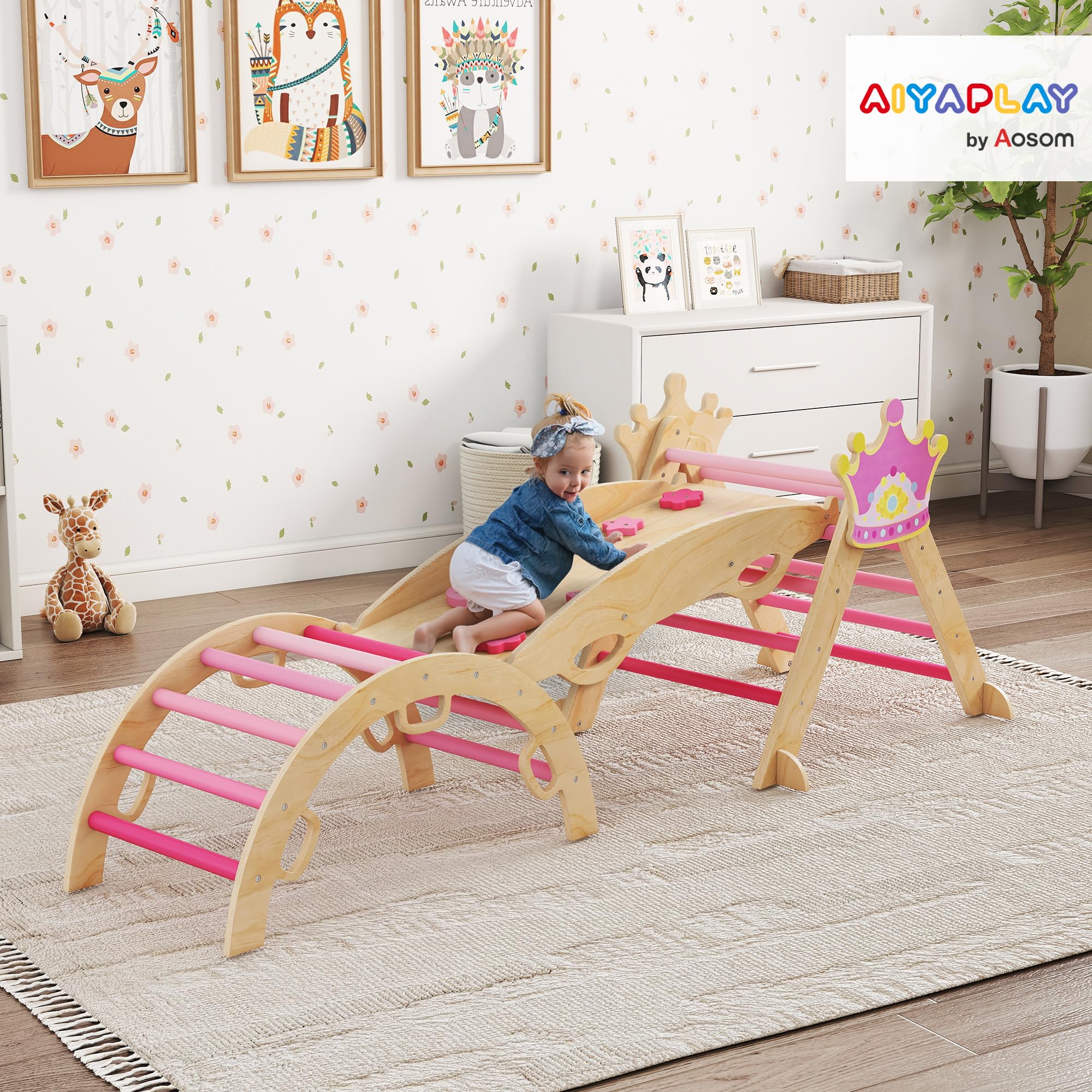 AIYAPLAY 8-in-1 Montessori Klettergerüst Indoor Holz Kletterdreieck mit Kletterbogen, Rutsche, Kronenmotiv, Indoor Spielplatz mit Rampe, Schaukelbogen, für Kinder von 1,5-4 Jahre, Rosa