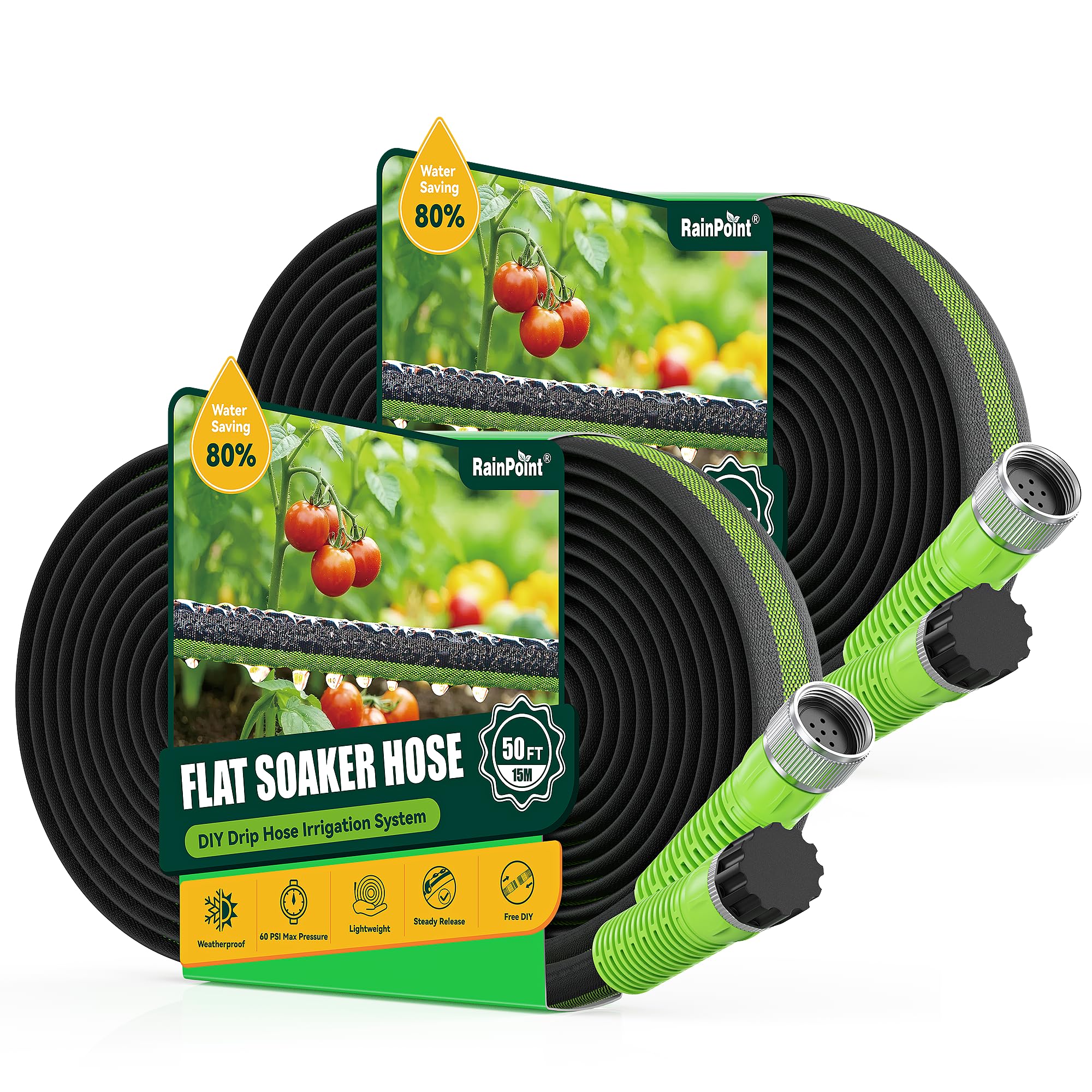 RAINPOINT 100FT Flat Soaker Hose for Garden (50FT x 2 Pack), Flexible & Leakproof Drip Hose with Anodized Aircraft Aluminum Fittings, Saves Up to 80% Water, Green