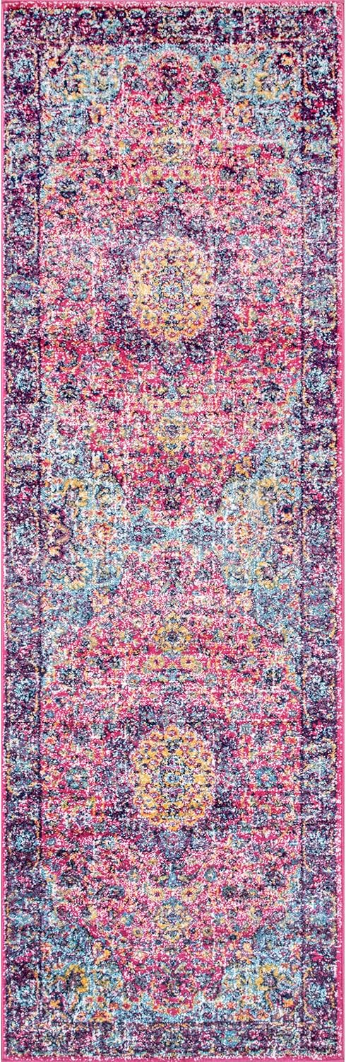 Nuloom Verona Fuchsia/Yellow, 2'6" x 6', Vintage Medallion, Soft and Cozy, High Traffic, Stain Resistant, Easy Clean, Durable Runner for Bedroom, Living Room, Dining Space, Den, Foyer, Entryway