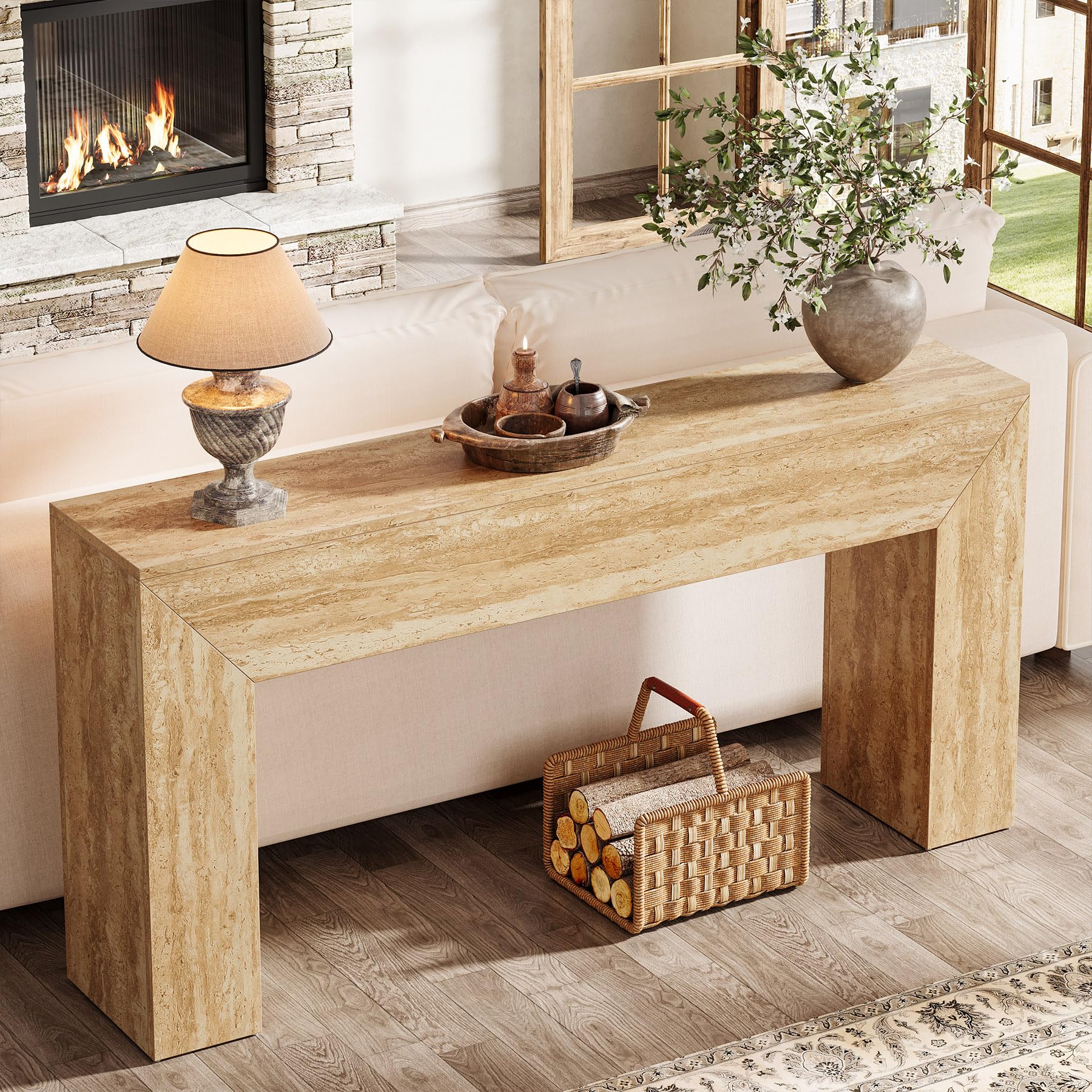 Tribesigns Table d'entrée de 160 cm, console de canapé longue étroite avec finition en travertin synthétique et pieds robustes, table d'accentuation rectangulaire en bois derrière le canapé pour salon
