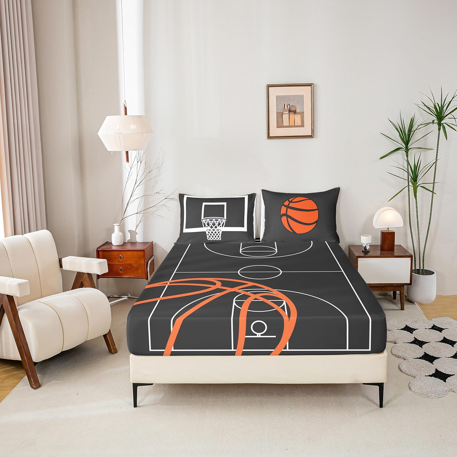 Kids Basketball Court Print Bed Sheet Set Queen Size,Ball Sports Games Themed Quality Brushed Polyester Luxury Bedding Set,Orange Basketball and Hoop Bedding (1 Fitted,1 Flat,2 Pillows),Soft Fabric