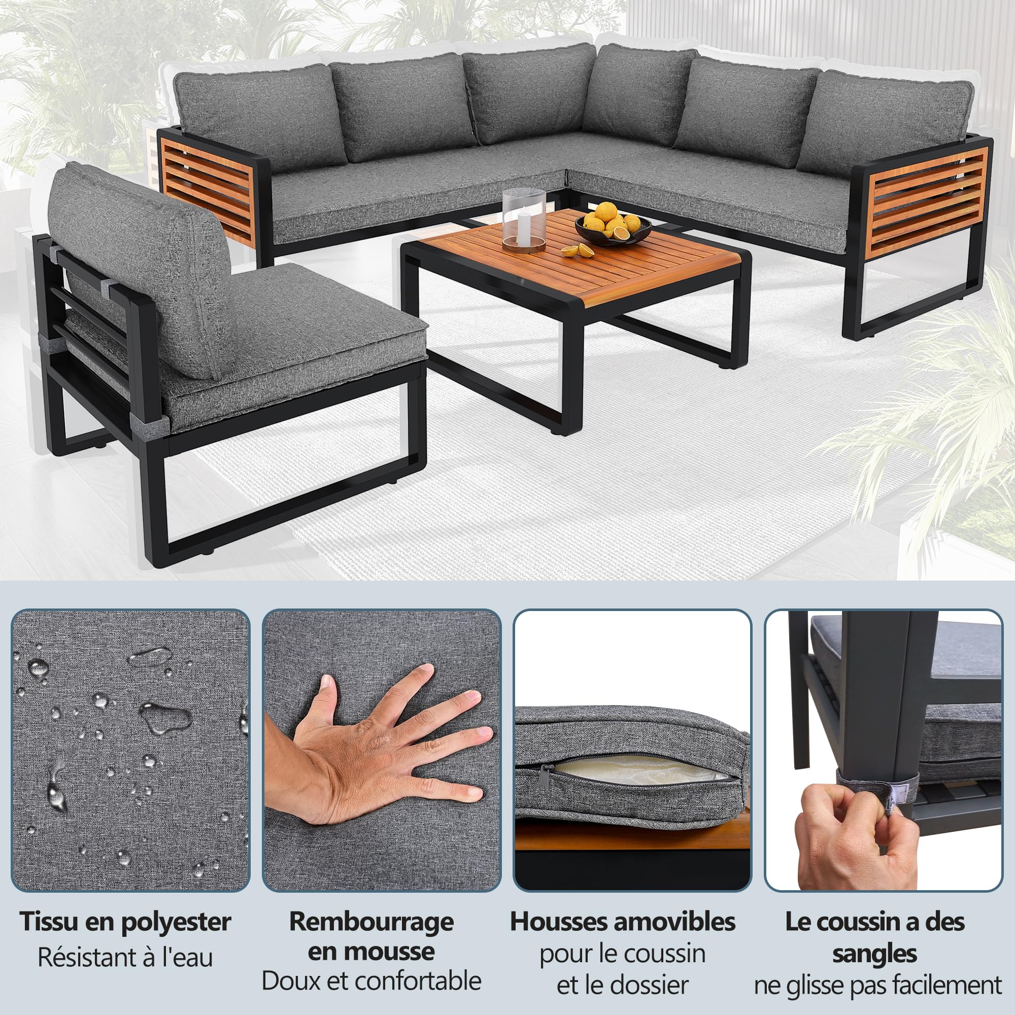 Ensemble Salon de Jardin Exterieur 5-6 Places, Mobilier de Jardin en Métal avec Structure en Fer Zinc et Accoudoirs en Bois, Canapé d'angle Modulable, Table Basse en Bois Massif