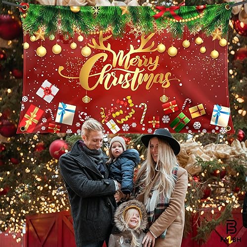 Miniatura 8 de Cartel de Feliz Navidad extragrande de 6 x 4 pies, decoraciones de Navidad rojas y doradas, decoraciones de fiesta de Navidad, fondo de fotos,