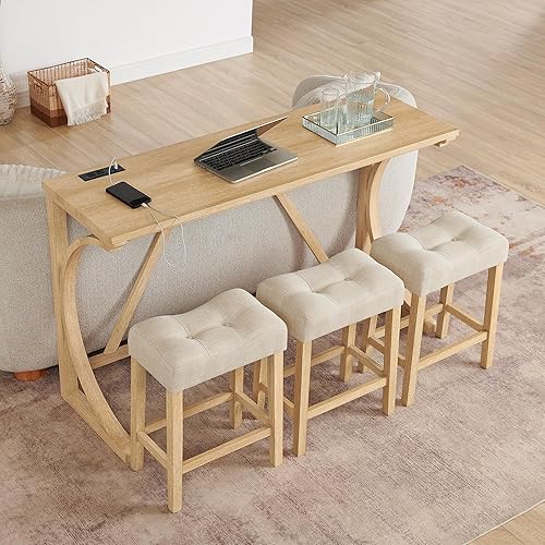Miniatura 3 de 59 Inch Bar Table, Dining Table, Sofa Table with Power Outlet, 3 Upholstered Stools, 4 Bar Table and Chair Set for Living Room, Dining Room, Kitchen
