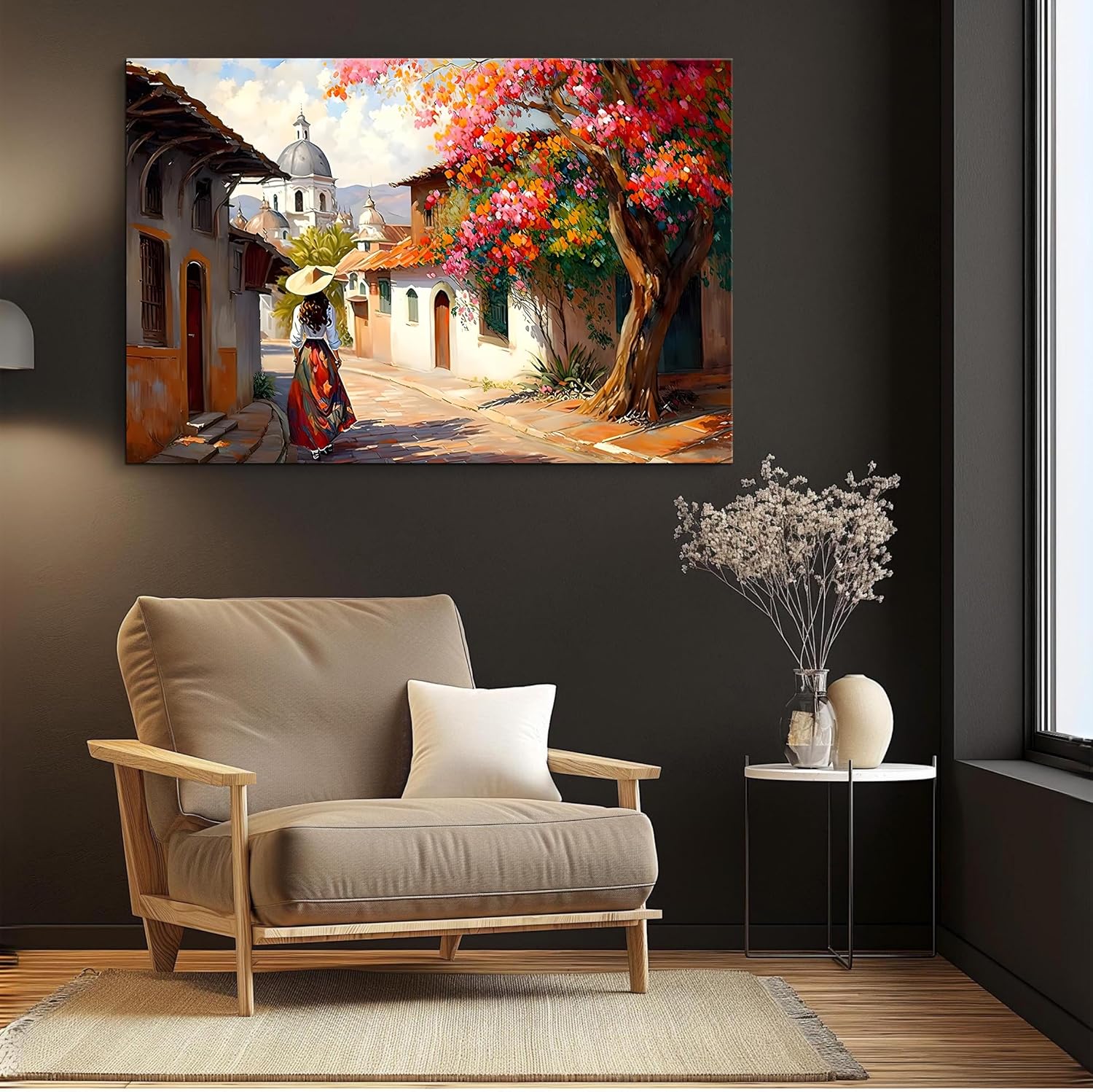 Mexican Village Street, Folk Traditional Girl, Colorful Painting Canvas Wall Art Poster Print Office Bedroom Bedroom Aesthetic Poster 24x16inch(60x40cm) Frame-style