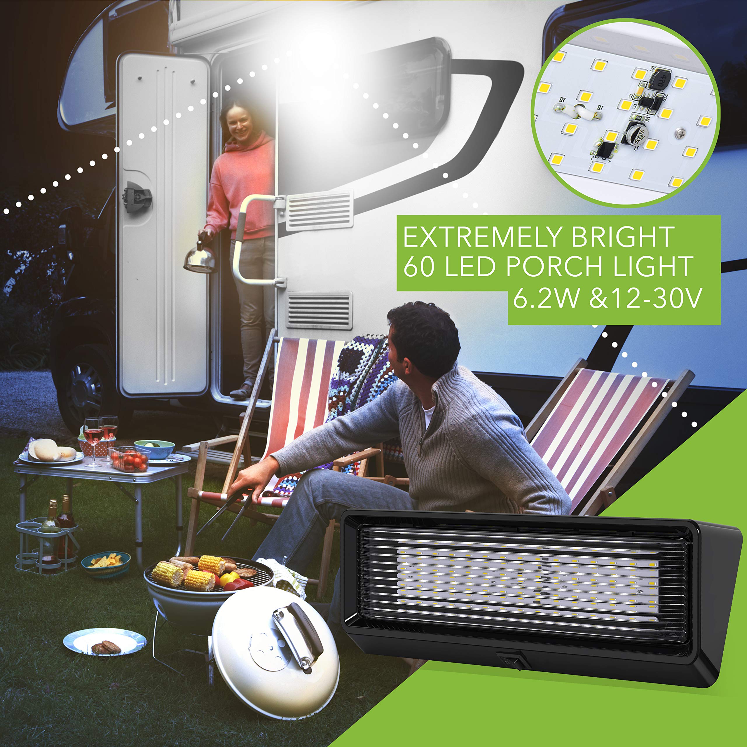 Luz de utilidad para porche exterior RV con interruptor XL 12 V 650 lúmenes. Iluminación de repuesto para caravanas, remolques, campistas, 5ª rueda XXXX base transparente (negro, paquete