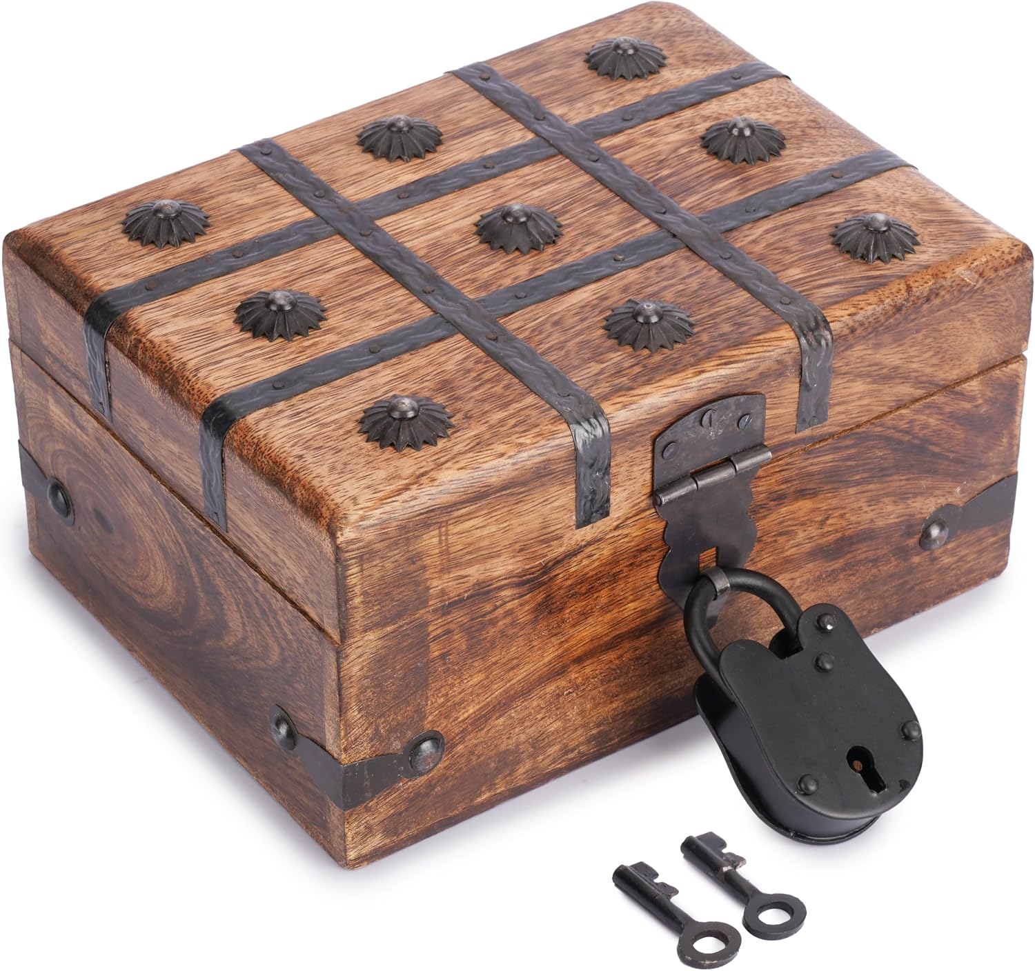 Ajuny Wooden Treasure Chest – Handcrafted Wood Keepsake Box with Shell Strips– Antique Box for Jewelry, Pirate Trinkets & Gifts – Decorative Treasure Chest Box (8x6 Inch)