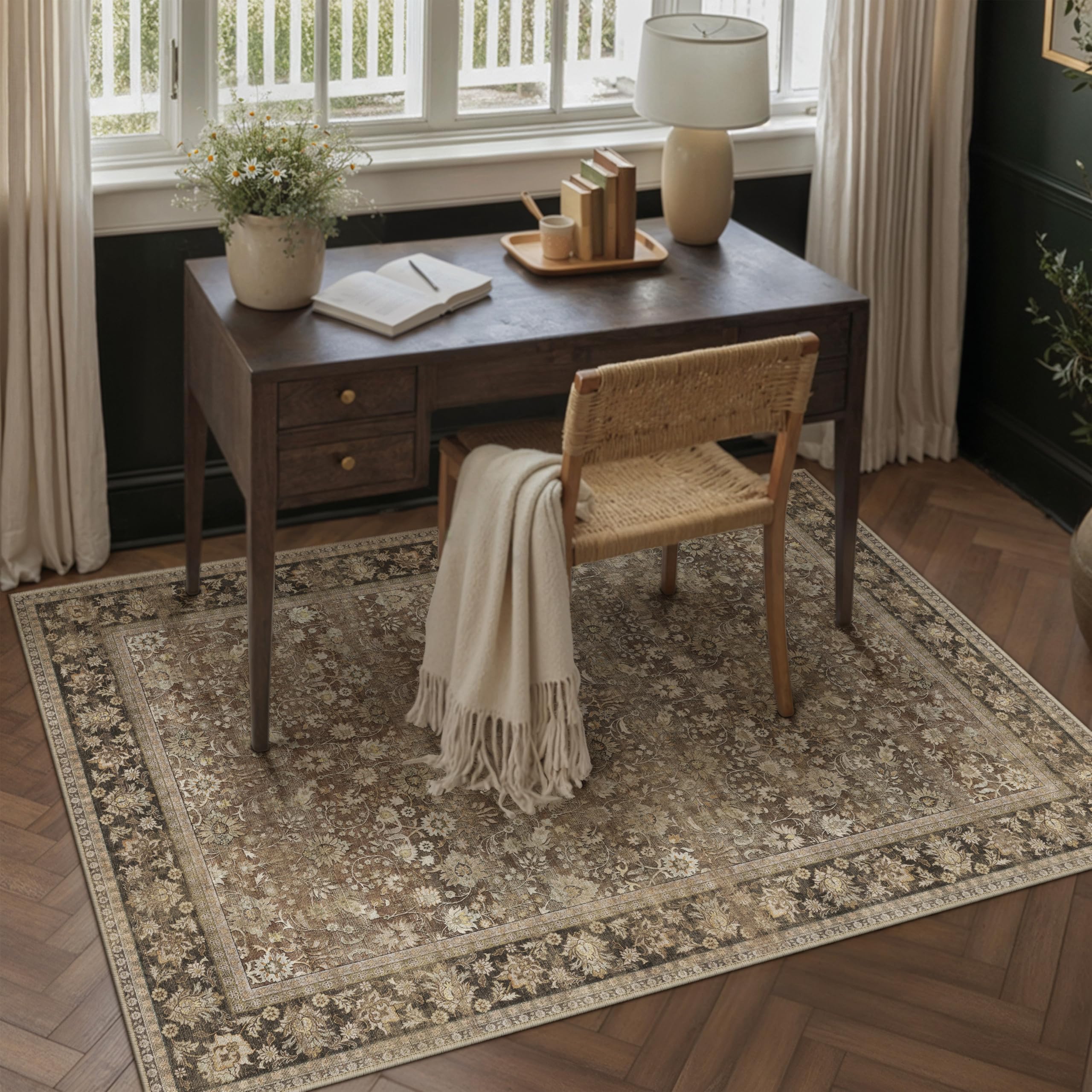 HUGEAR 3x5 Machine Washable Rugs Brown Hallway Area Rug Indoor Accent Rug Floral Low Pile Carpet Soft Throw Rug Bedroom Living Room Office Dining Room Kitchen Laundry Room Non Slip