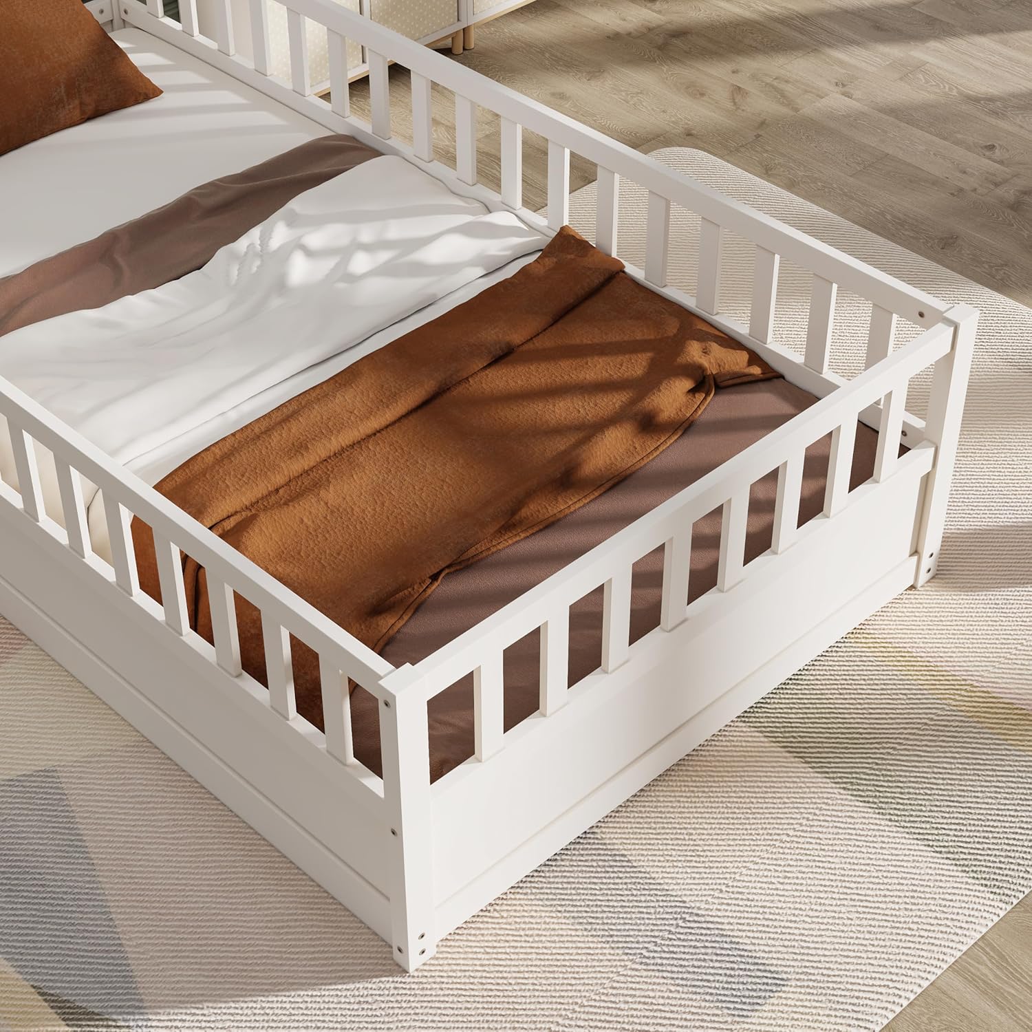 Ball & Cast Twin Size Montessori Floor Bed with Fence and Open Door,Platform Bed Frame W/Super High Security Barrier,Without Slat,for Girls Boys,White