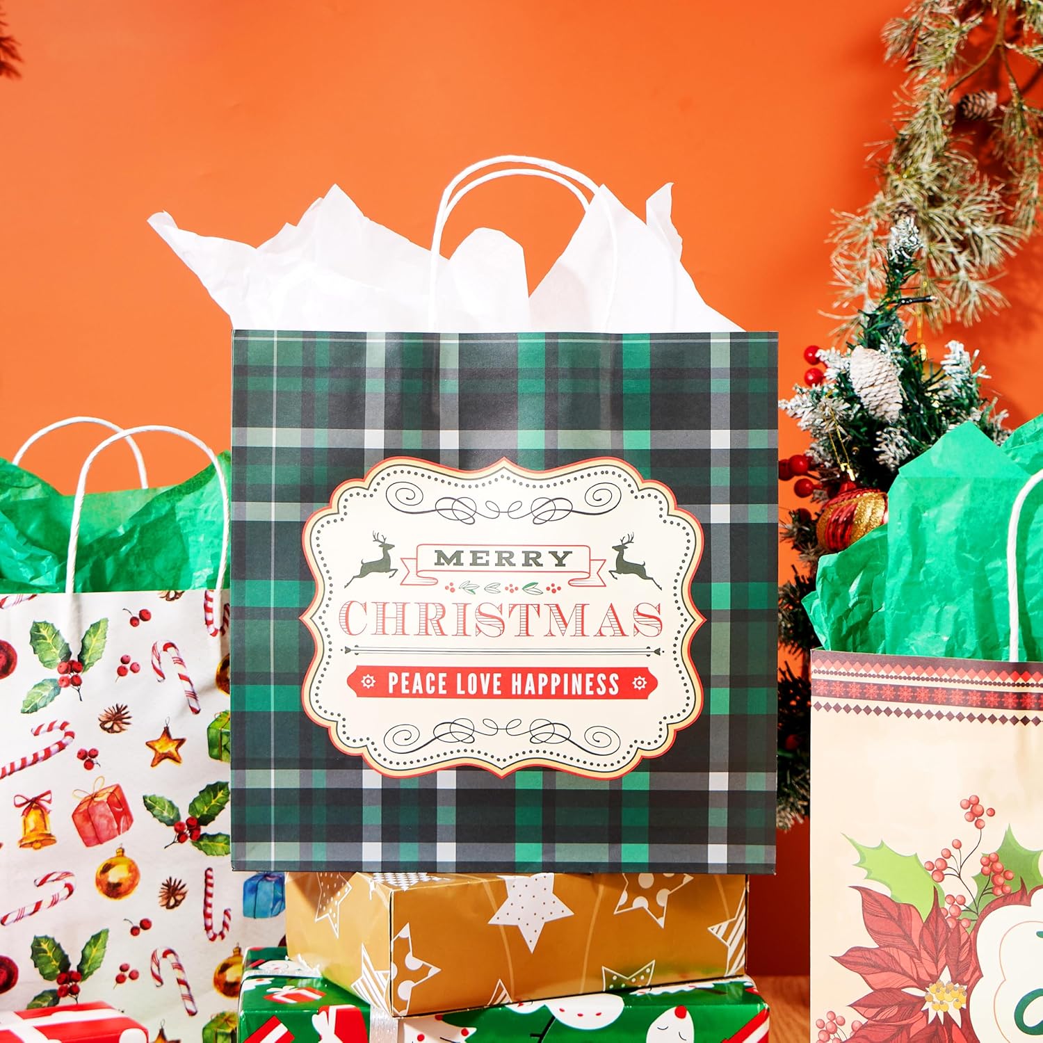 JOYIN 24 Pcs Christmas Kraft Paper Gift Bags With Twine Handles, 12 X 12 X 5'' Large for Holiday Present Wrapping, Xmas Goodie Bags, Party Supplies - 12 Designs