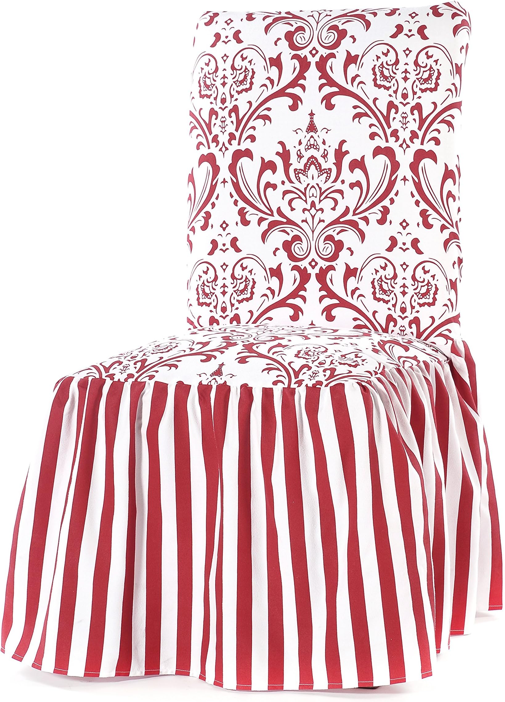 Two Piece Red Dining Chair Slipcover, Floral & Stripe Pattern, Microsuede Polyester Material, Damask Print, Contemporary Stripes, Soft and Luxurious, Machine Washable, Dark Red, White