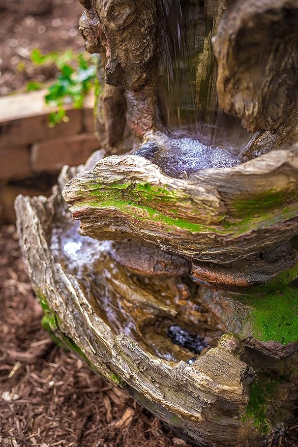 This fountain measures 32 inches in height, making it a striking focal point for your garden or patio. The tiered design allows water to flow gently from one level to the next, creating a calming and peaceful atmosphere. The LED lights add a decorative element and can be enjoyed both day and night.