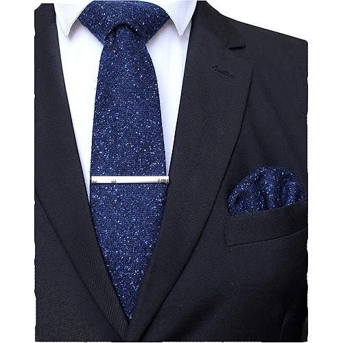JEMYGINS Solid Color Cashmere Wool Necktie and Pocket Square Tie Clip Sets for Men