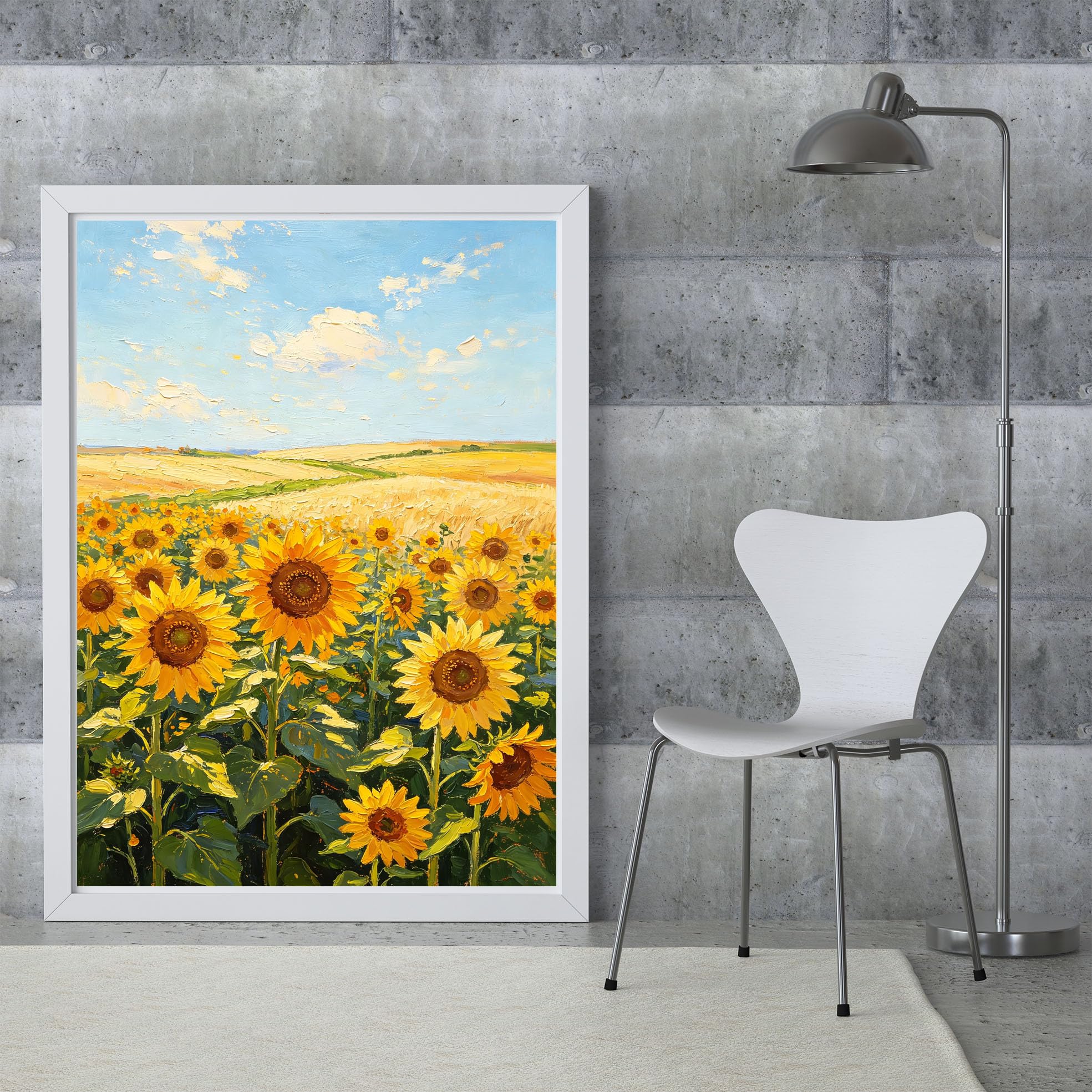 LCDIUDIU Dipinto A Olio Su Tela, Paesaggio Materico Dipinto A Mano, Senza Cornice, Campo Di Girasoli, Grano Dorato, Cielo Blu, Opera D'Arte Su Tela, Prato Rurale, Decorazione Murale per La Casa, Sog