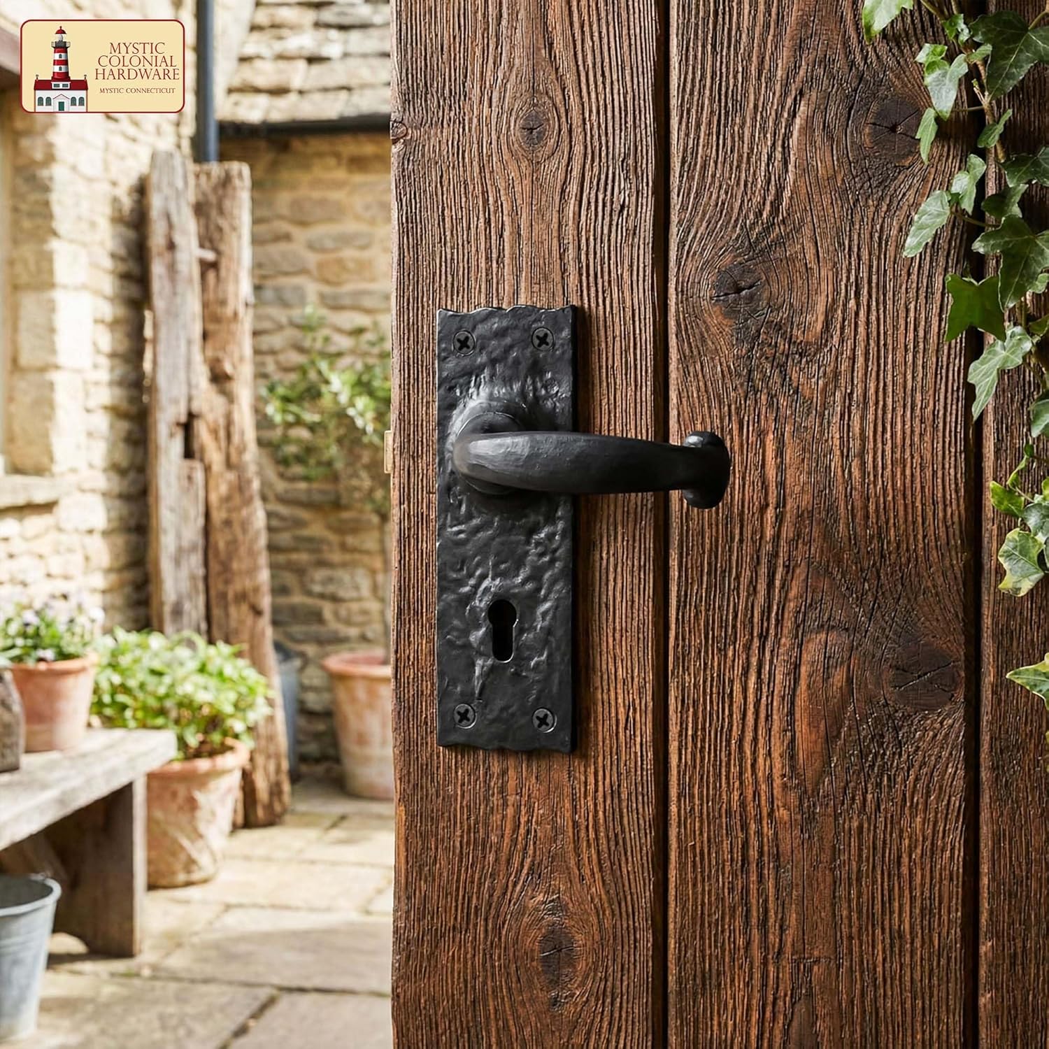 Mystic Colonial Medieval Iron Door Lever Handle Set - Hand-Forged Black Rustic Colonial 6 Inch Hardware with Keyhole Plates, Vintage Door Handles Interior & Exterior