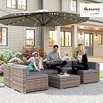 Outsunny 7 Ensemble de meubles patio en pièces, PE Ensemble de conversation extérieure Rattan avec canapé sectionnel, lattes WPC Table, coussins et oreillers pour jardin, pelouse, pont, beige foncé et gris