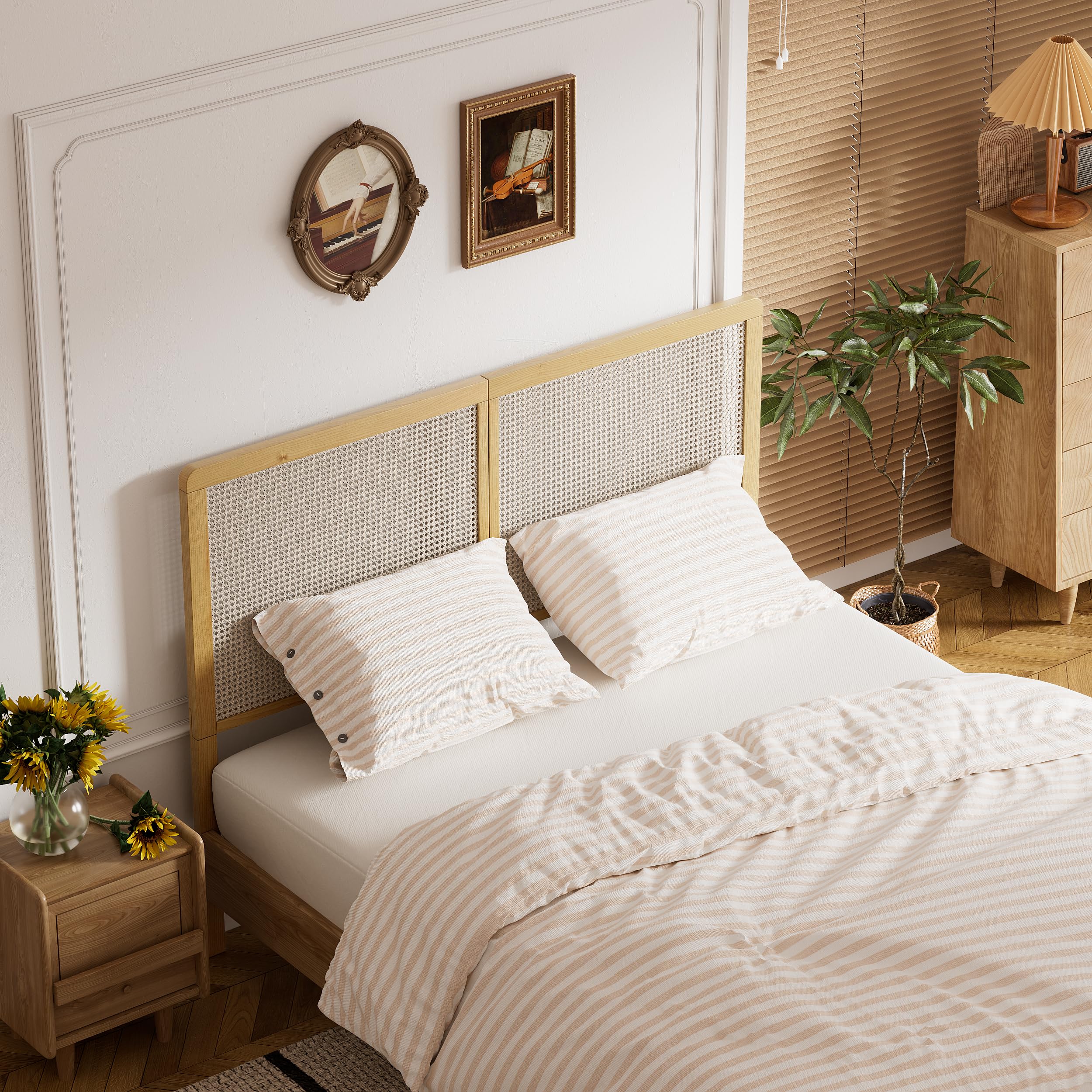 MSFE Cabecero para Cama en Madera Maciza, 140x109x3cm Cabecero Ratan, Mueble Cabecero Armario, Cabecero de Ratán Estilo Bohemio, Transpirable y Refrescante, Ahorra Espacio