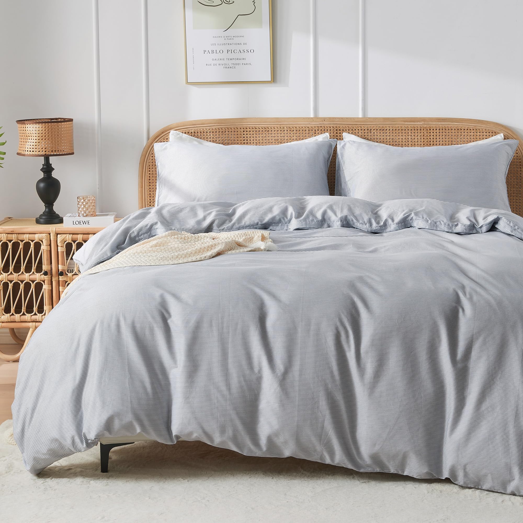 JELLYMONIBedding Duvet Cover Set, 100% Natural Cotton Striped Duvet Cover, White Duvet Cover with Thin Blue Stripes Pattern Printed, Comforter Cover with Zipper Closure & Corner Ties(Queen Size)