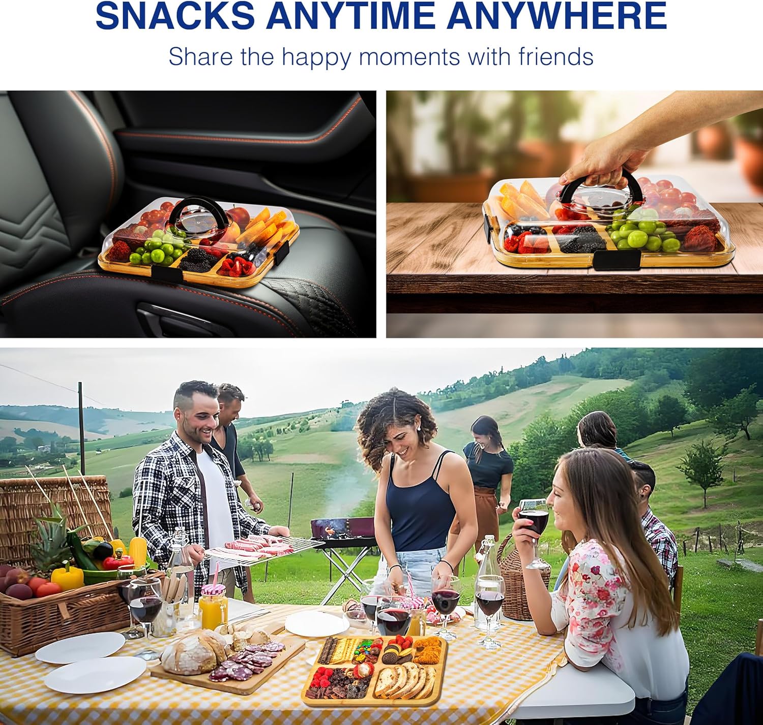 Charcuterie Board with Clear Lid, Portable Cheese Board with Dust-Proof Cover, Reversible Bamboo Cutting Board & Snack Tray, Easy-Open Latches for Picnics, Parties, Housewarming Gifts (6 Compartments) - Image 3