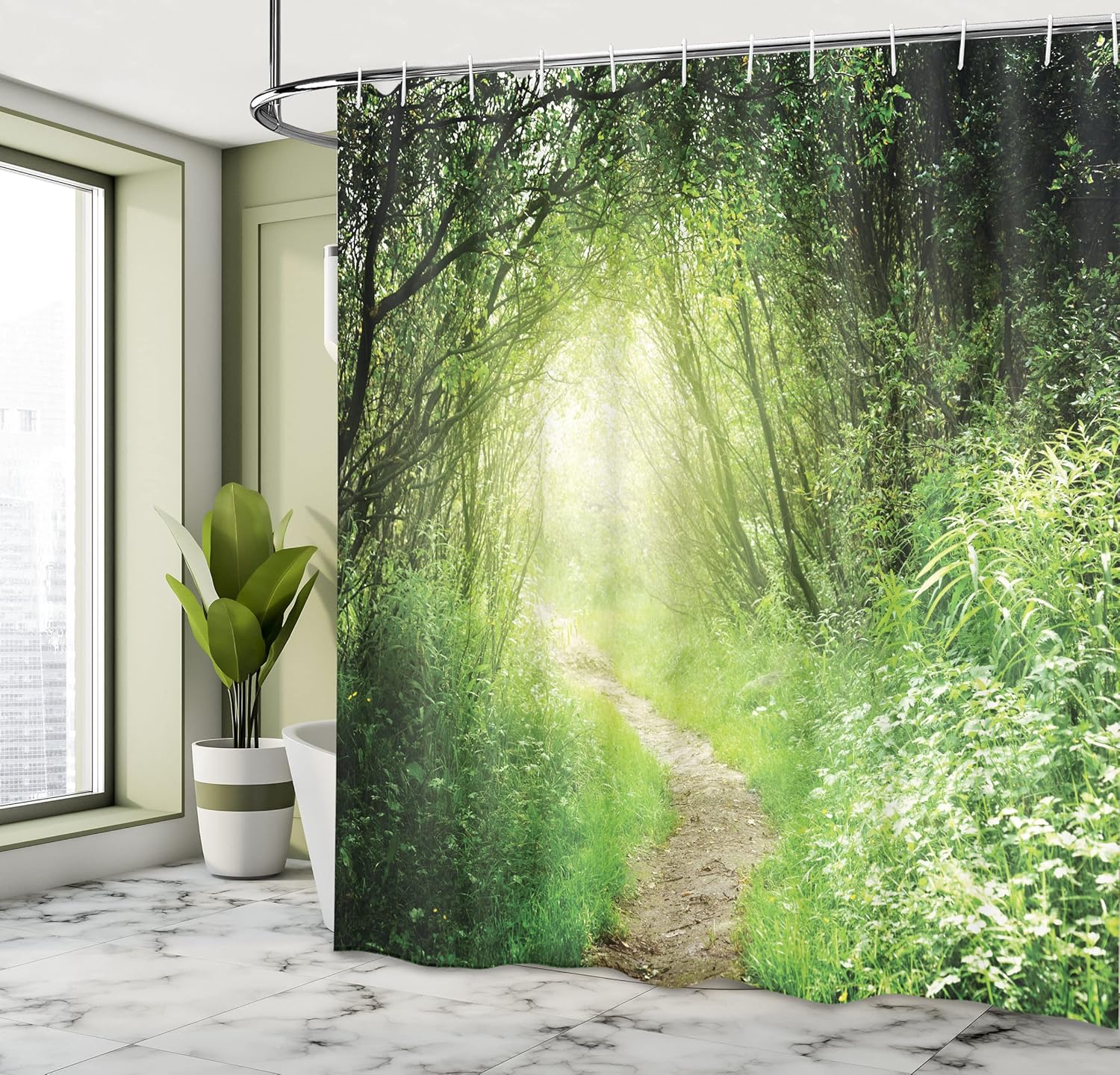 Lunarable Woodland Shower Curtain, Scenic Rural in Deep Forest Narrow Path Leading to Nature's Door Among Daisies, Cloth Fabric Bathroom Decor Set with Hooks, 69" W x 70" L, Multicolor